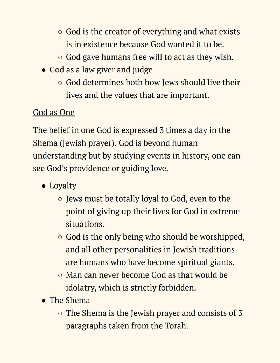 RE
Judaism
Notes
Beliefs and Teachings
The Nature of God
Jews believe in One God, so Judaism is a monotheistic
religion. The nature of