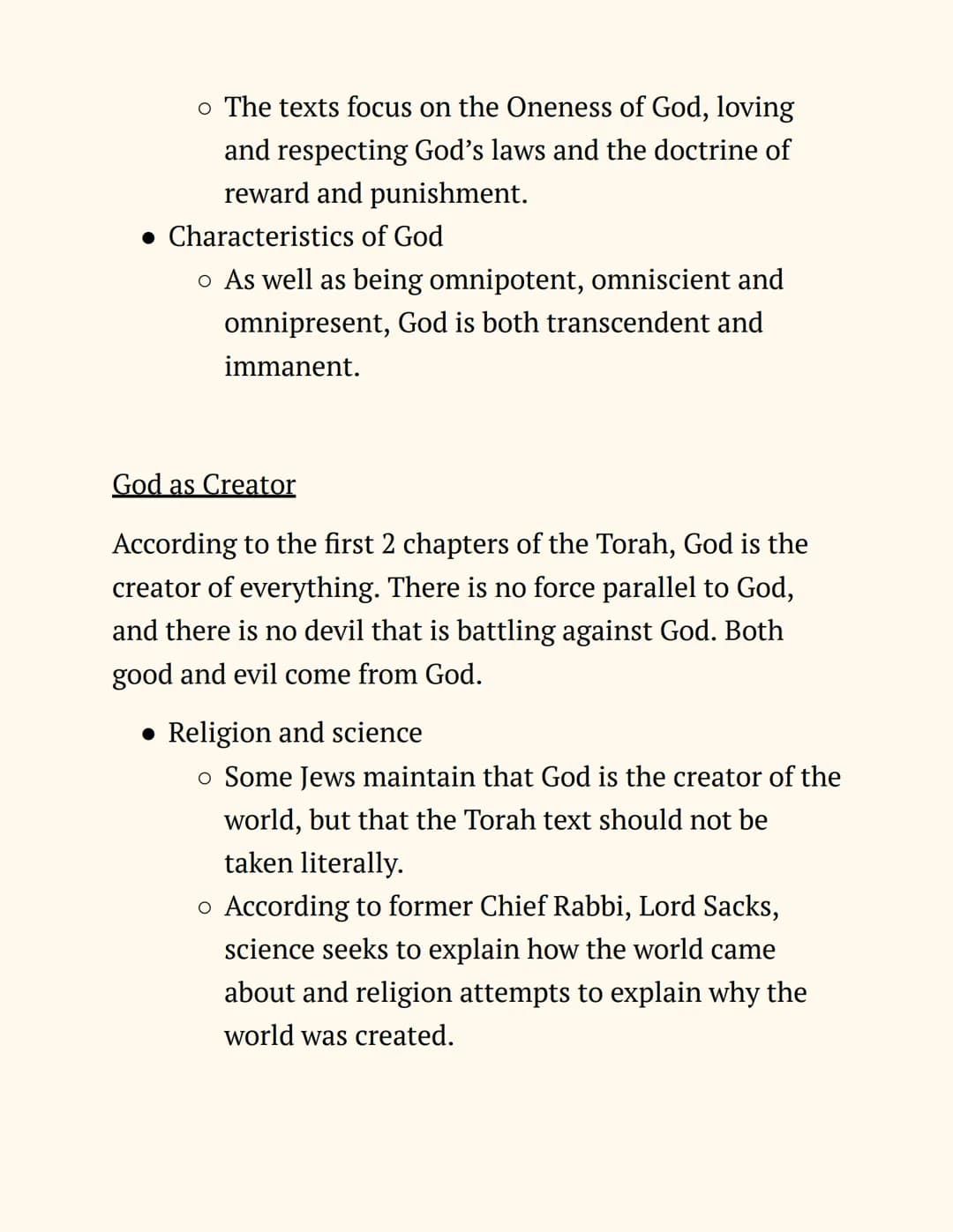 RE
Judaism
Notes
Beliefs and Teachings
The Nature of God
Jews believe in One God, so Judaism is a monotheistic
religion. The nature of