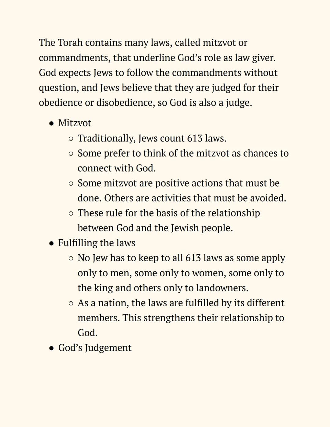 RE
Judaism
Notes
Beliefs and Teachings
The Nature of God
Jews believe in One God, so Judaism is a monotheistic
religion. The nature of