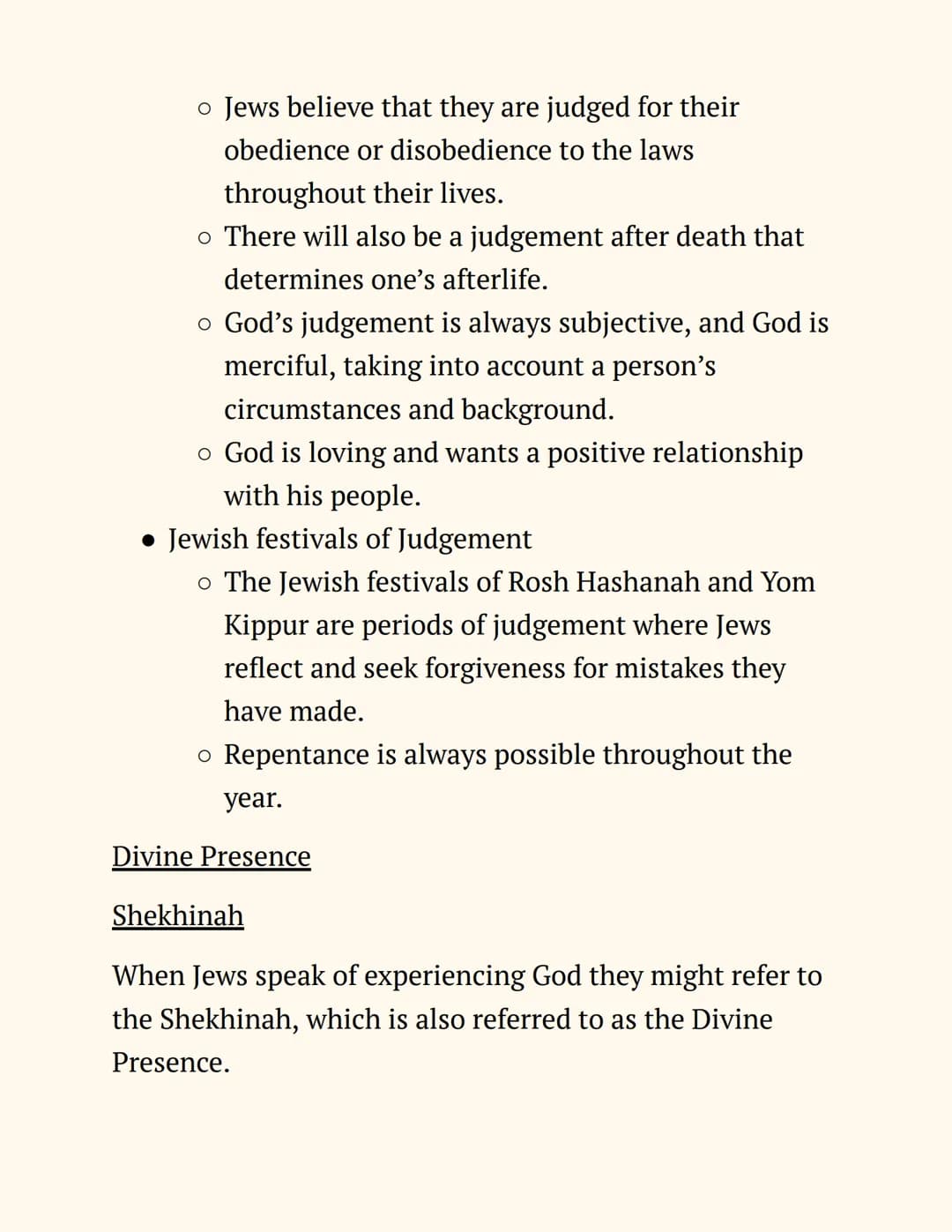 RE
Judaism
Notes
Beliefs and Teachings
The Nature of God
Jews believe in One God, so Judaism is a monotheistic
religion. The nature of