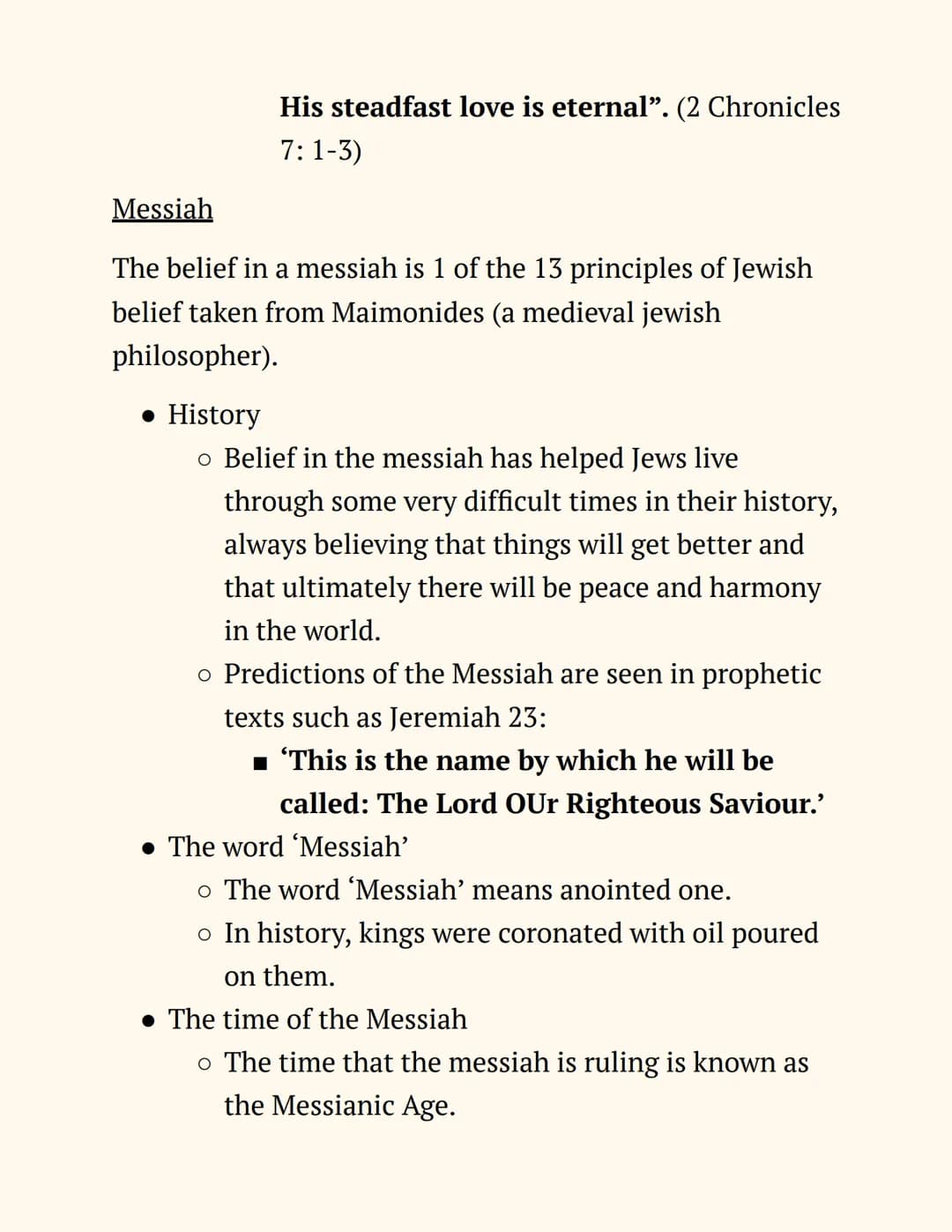 RE
Judaism
Notes
Beliefs and Teachings
The Nature of God
Jews believe in One God, so Judaism is a monotheistic
religion. The nature of