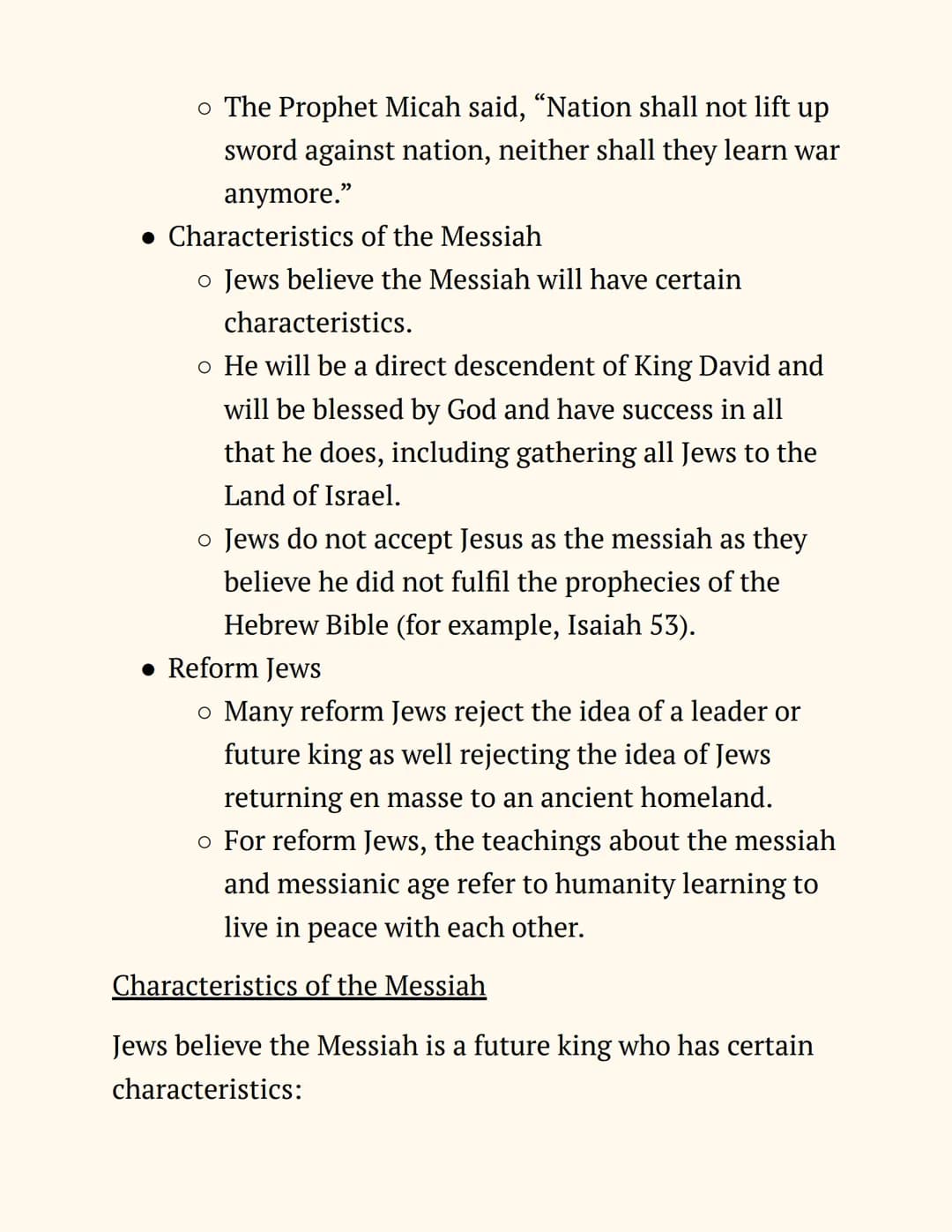 RE
Judaism
Notes
Beliefs and Teachings
The Nature of God
Jews believe in One God, so Judaism is a monotheistic
religion. The nature of