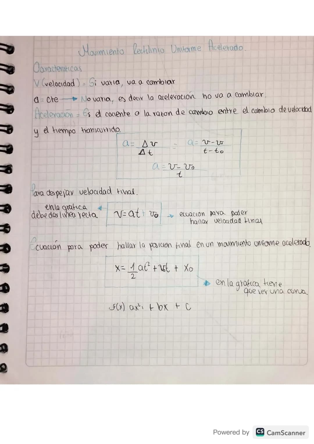 # Movimiento Rectilinio Unitorme Acelerado.
Daracteristicas
V(velocidad) Si varia, va a cambiar
a=cte No varia, es decir la aceleración n