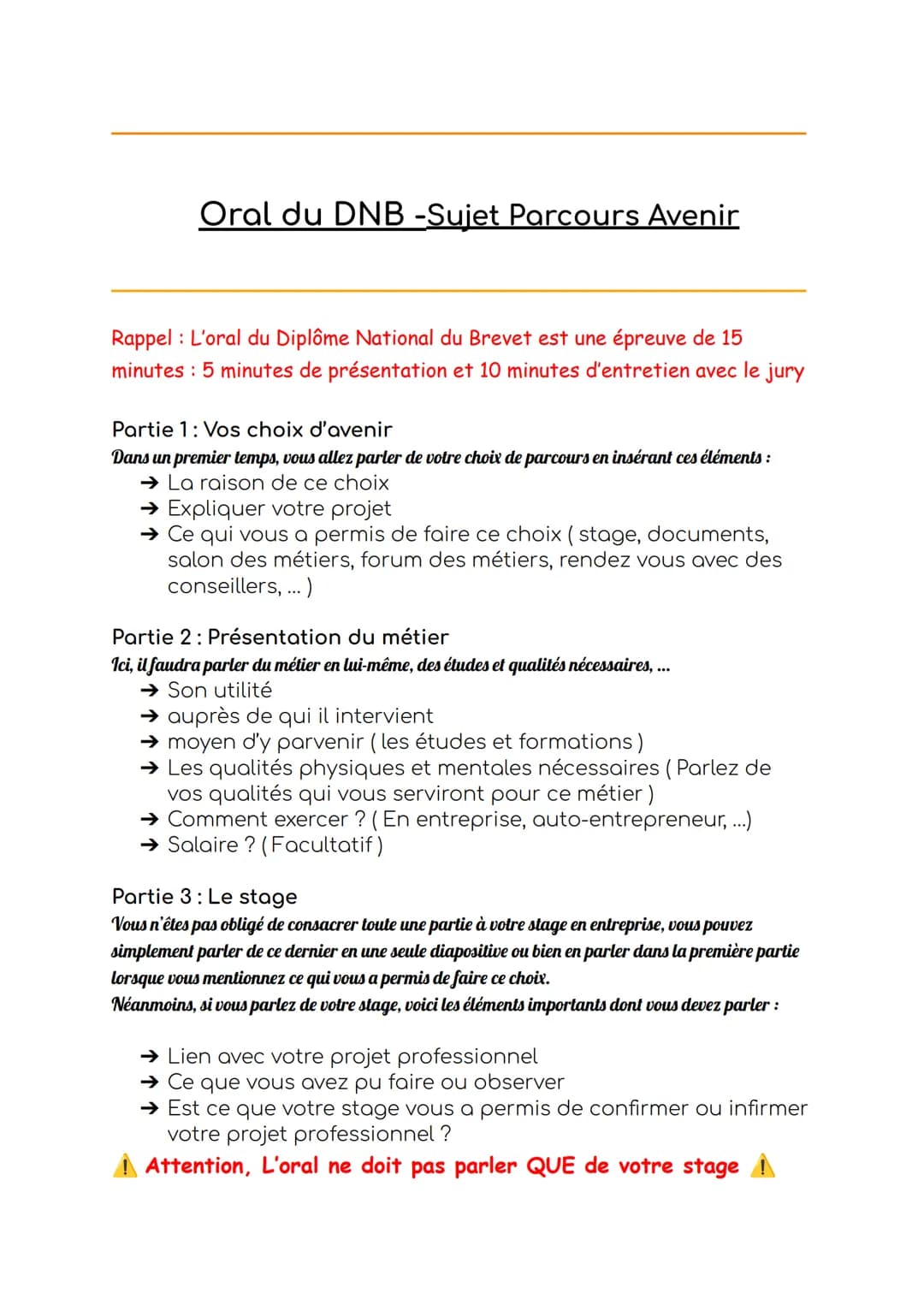 # Oral du DNB -Sujet Parcours Avenir
Rappel: L'oral du Diplôme National du Brevet est une épreuve de 15
minutes: 5 minutes de présentation