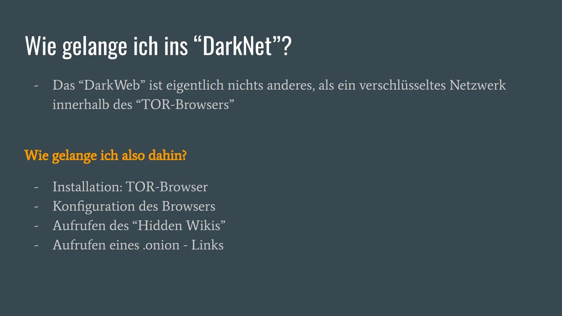 # Das DarkNet...
...
... und seine Gefahren
Eine Präsentation von Justin D. # Was ist das “DarkNet”?
- Das Darknet ist eine anonymes Net