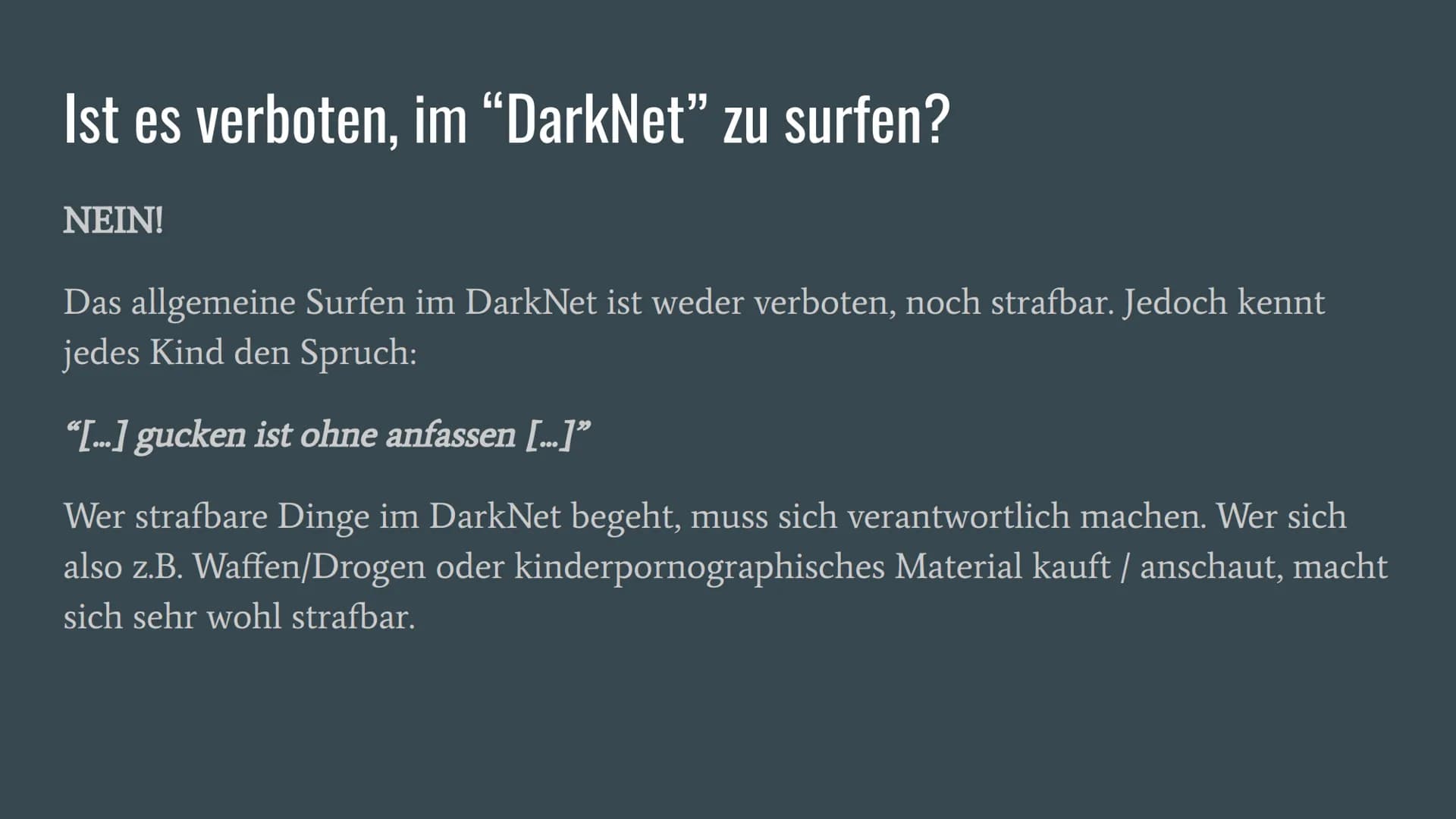 # Das DarkNet...
...
... und seine Gefahren
Eine Präsentation von Justin D. # Was ist das “DarkNet”?
- Das Darknet ist eine anonymes Net