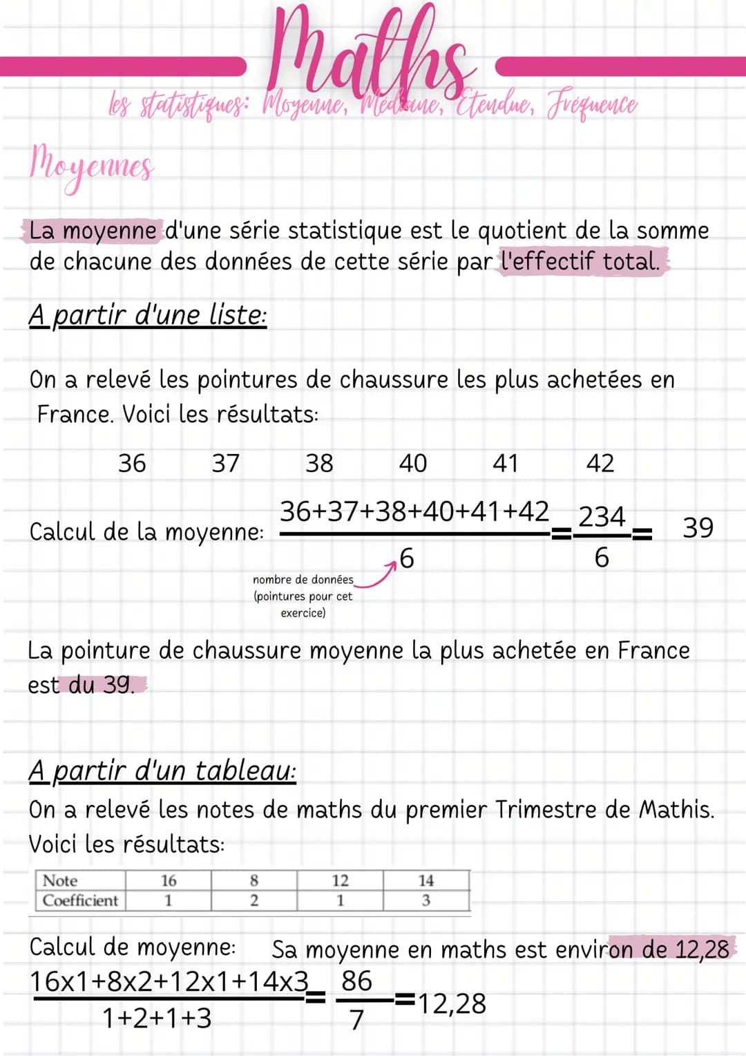 # Maths
@rbd494
les statistiques: Moyenne, Medicine, Etendue, Frequence
# Fréquences
La fréquence d'une valeur est le quotient de l'effectif