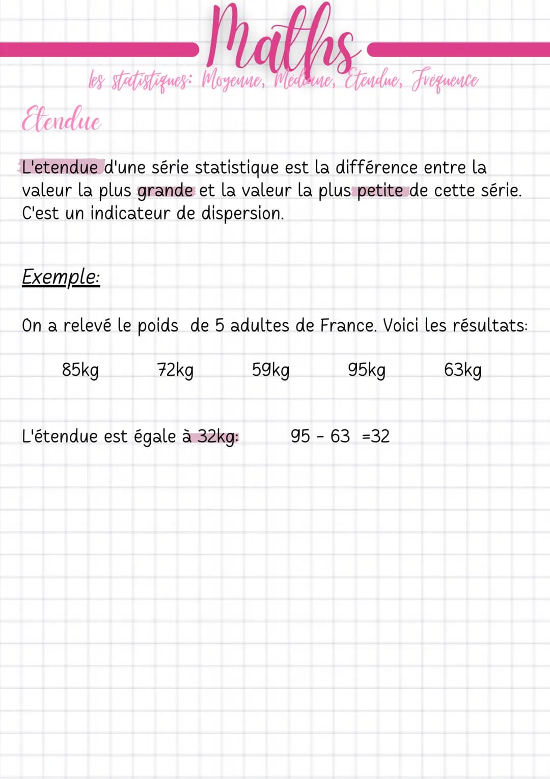 # Maths
@rbd494
les statistiques: Moyenne, Medicine, Etendue, Frequence
# Fréquences
La fréquence d'une valeur est le quotient de l'effectif