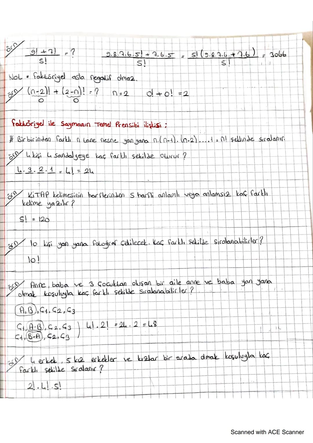 - Faktöriyel -
- Pazitif bir tam sayı dmak üzere, ni'den başlayıp te kadar olan sayıların
Çarpımına "Faktöriyel denir.
"!" ile gösterilir