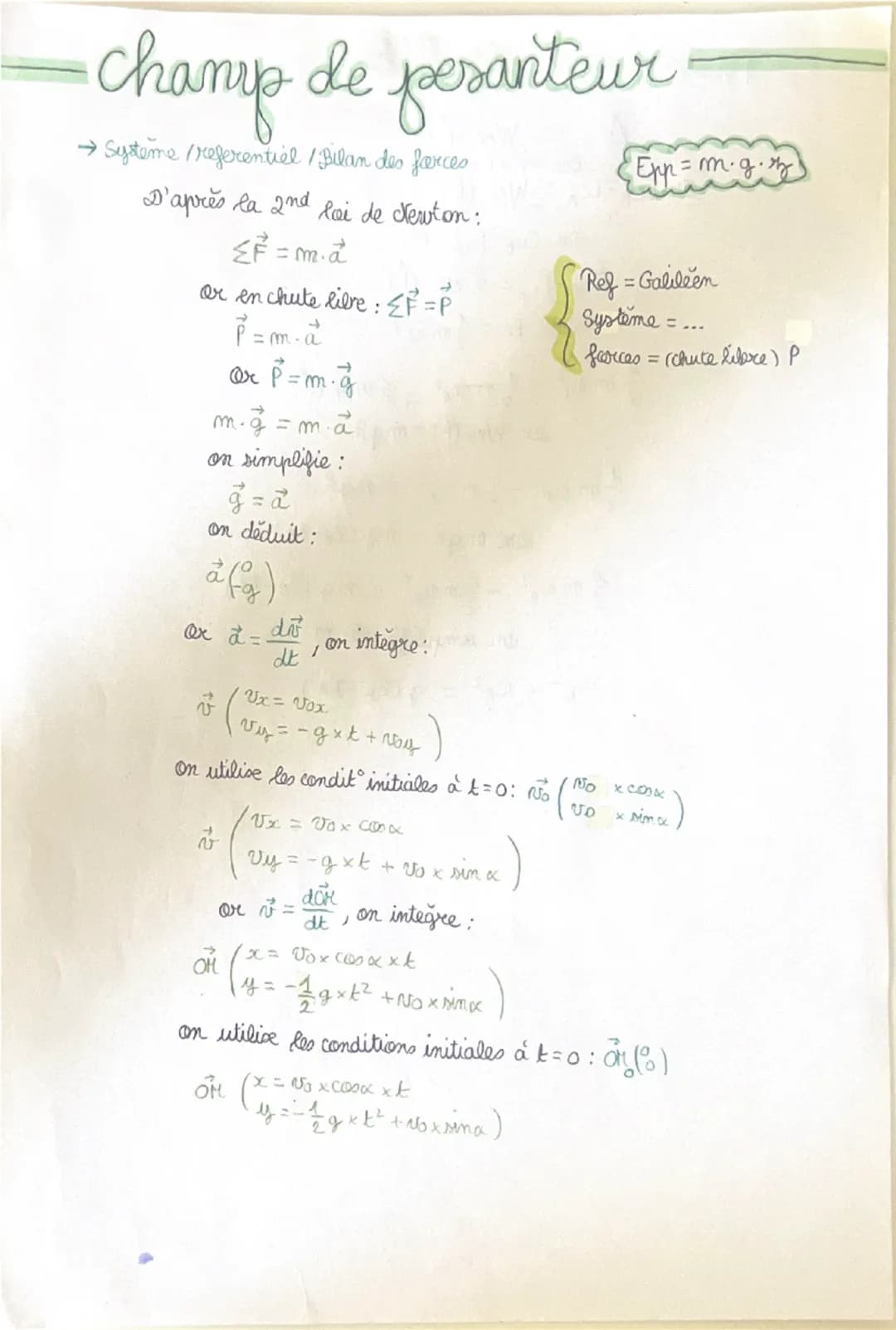 - champ de pesanteur
→Systeme /referentiel/Bilan des forces
D'après la 2nd lai de Newton:
$
\sum F = m.\vec{a}
$
or en chute libre: $\su