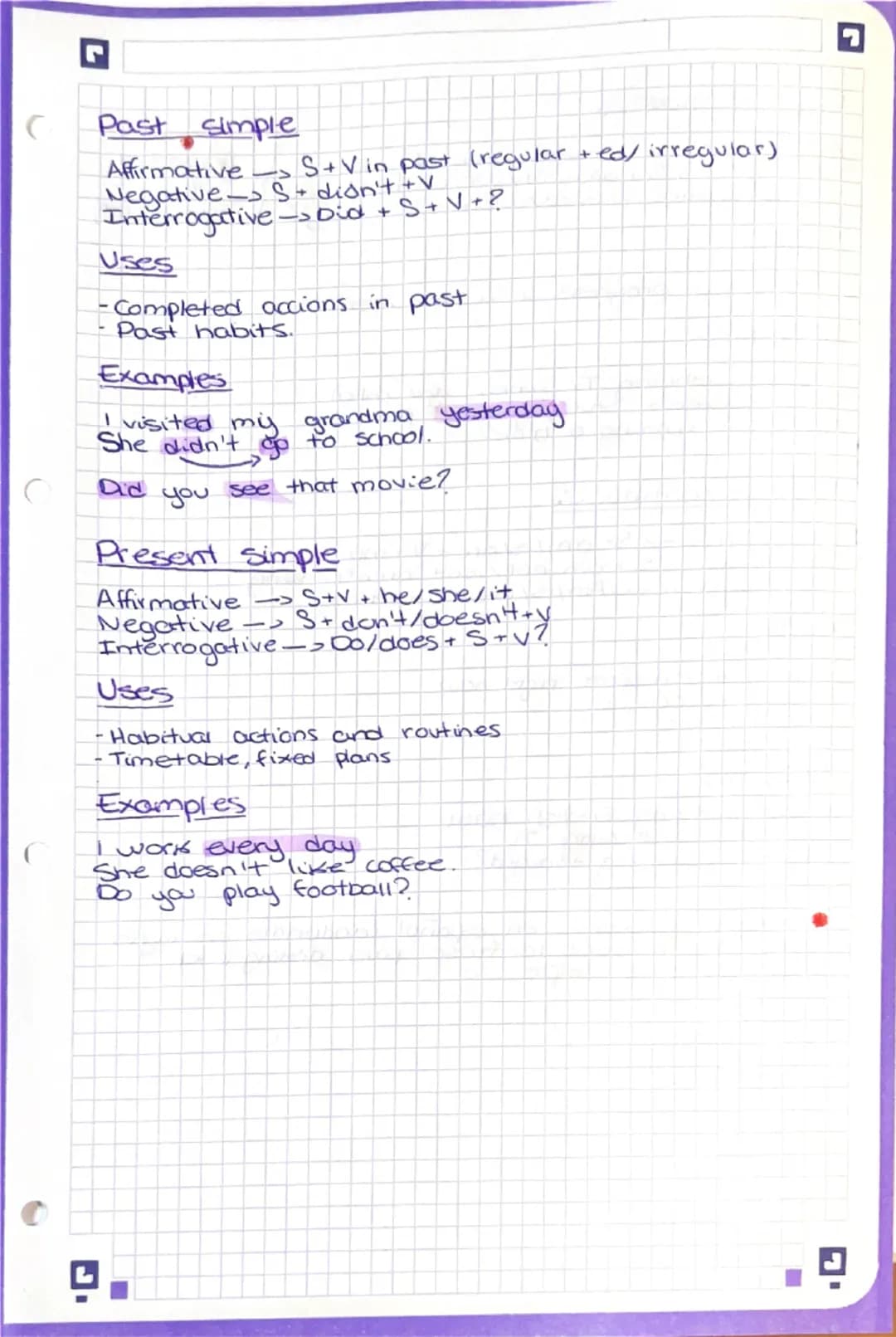 (
C
# Past simple
Affirmative →S+V in past (regular + ed/ irregular)
Negative S+ dión't +
Interrogative-Did + S+V+?
## Uses
-Completed acc