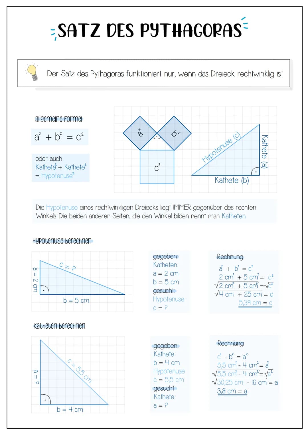 # SATZ DES PYTHAGORAS
Der Satz des Pythagoras funktioniert nur, wenn das Dreieck rechtwinklig ist
allgemeine Formel
$a² + b² = c²$
oder a