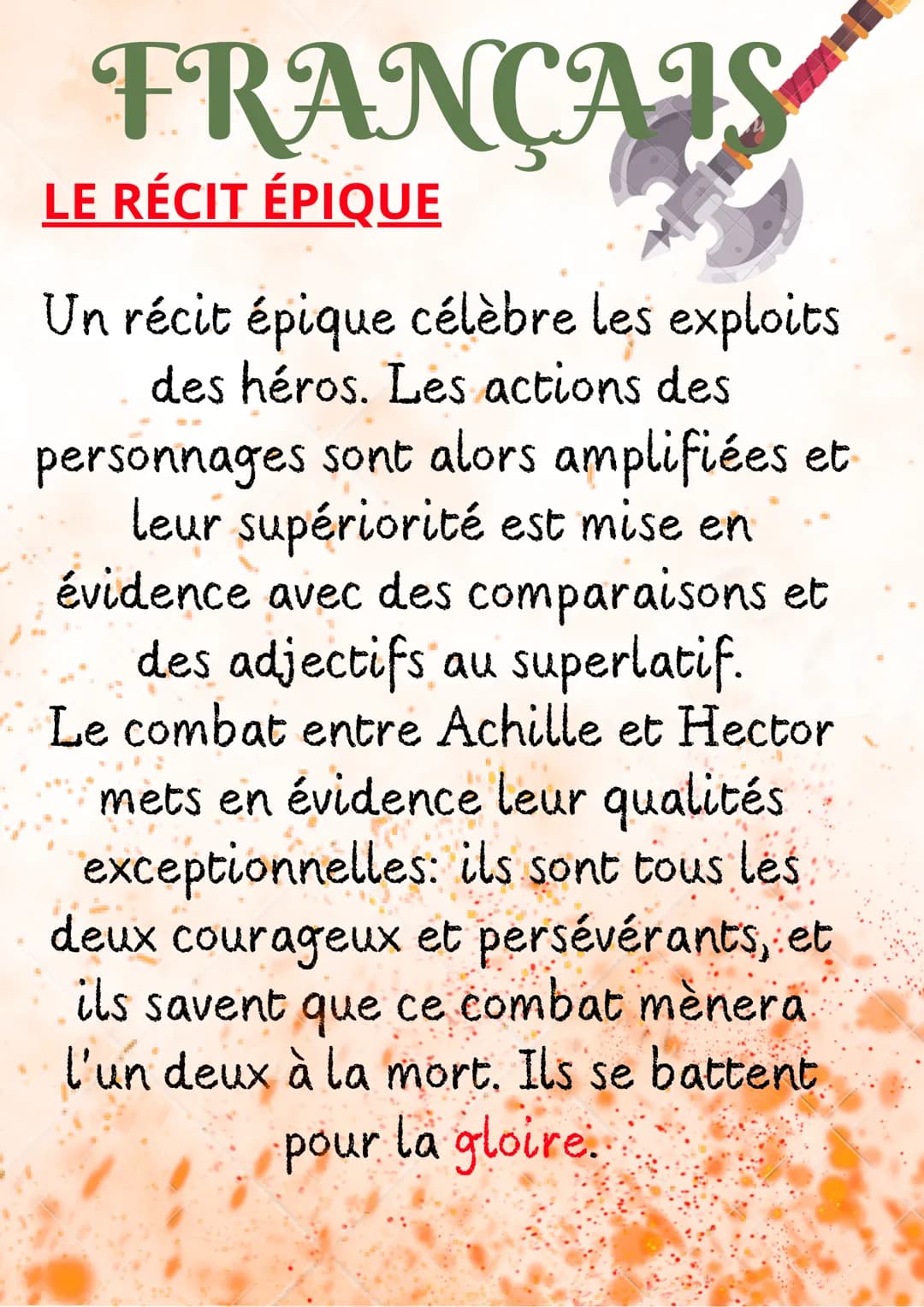 FRANÇAIS
LE RÉCIT ÉPIQUE
Un récit épique célèbre les exploits
des héros. Les actions des
personnages sont alors amplifiées et
leur supério
