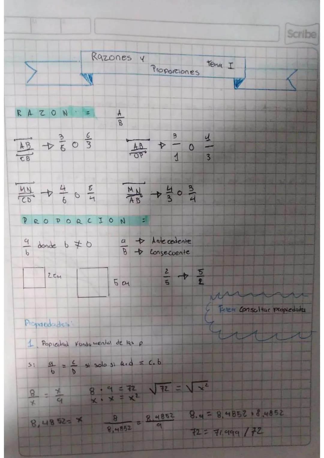 Scribe
Razones y
Тена І
Proportiones
<
$RAZON = \frac{A}{B}$
$\frac{AB}{CB} \rightarrow \frac{3}{6} 0 \frac{6}{3}$
$\frac{AB}{OP} \ri