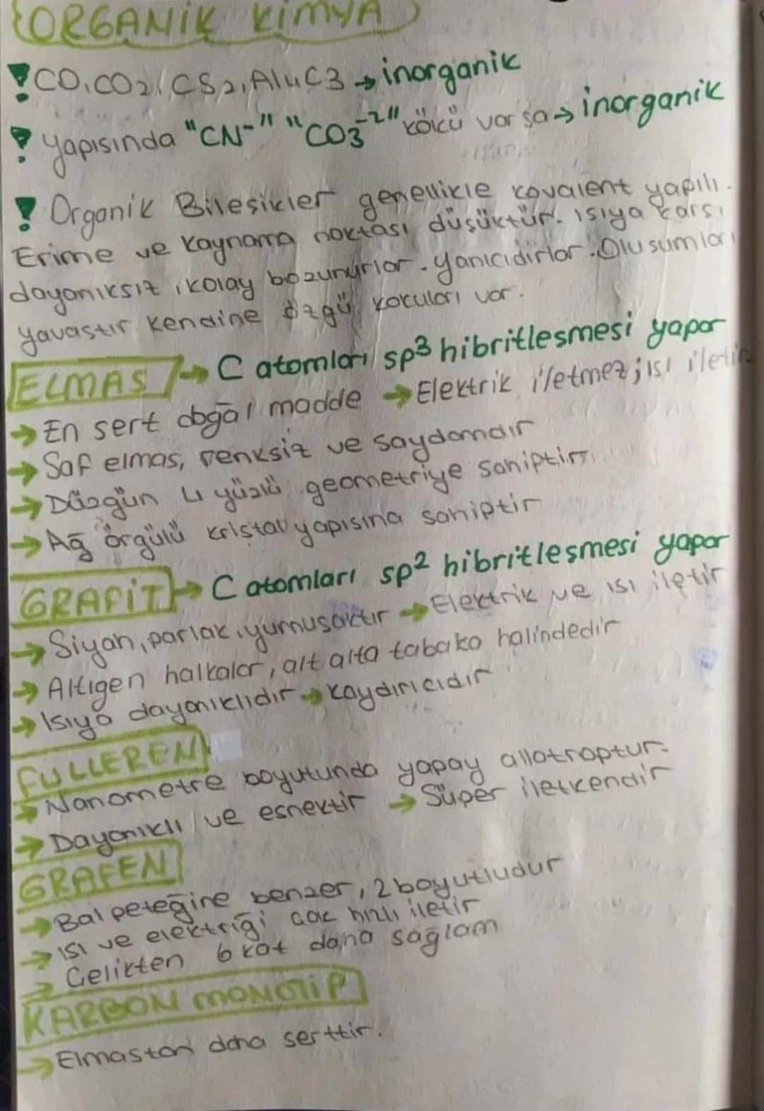 # ORGANİK KİMYA
* CO,CO2 CS2, AluC3 inorganik
* yapısında "CN-" "CO3²" kökü vor sa inorganik
! Organik Bilesikier genellikle kovalent yapıl