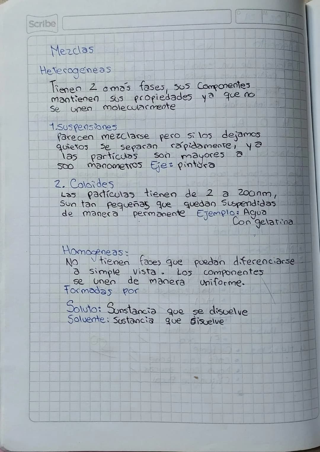 Scribe
Mezclas
Heterogeneas
Tienen 2 omás fases, sus Componentes
mantienen sus propiedades ya que no
Se unen molecularmente
1.Suspensione