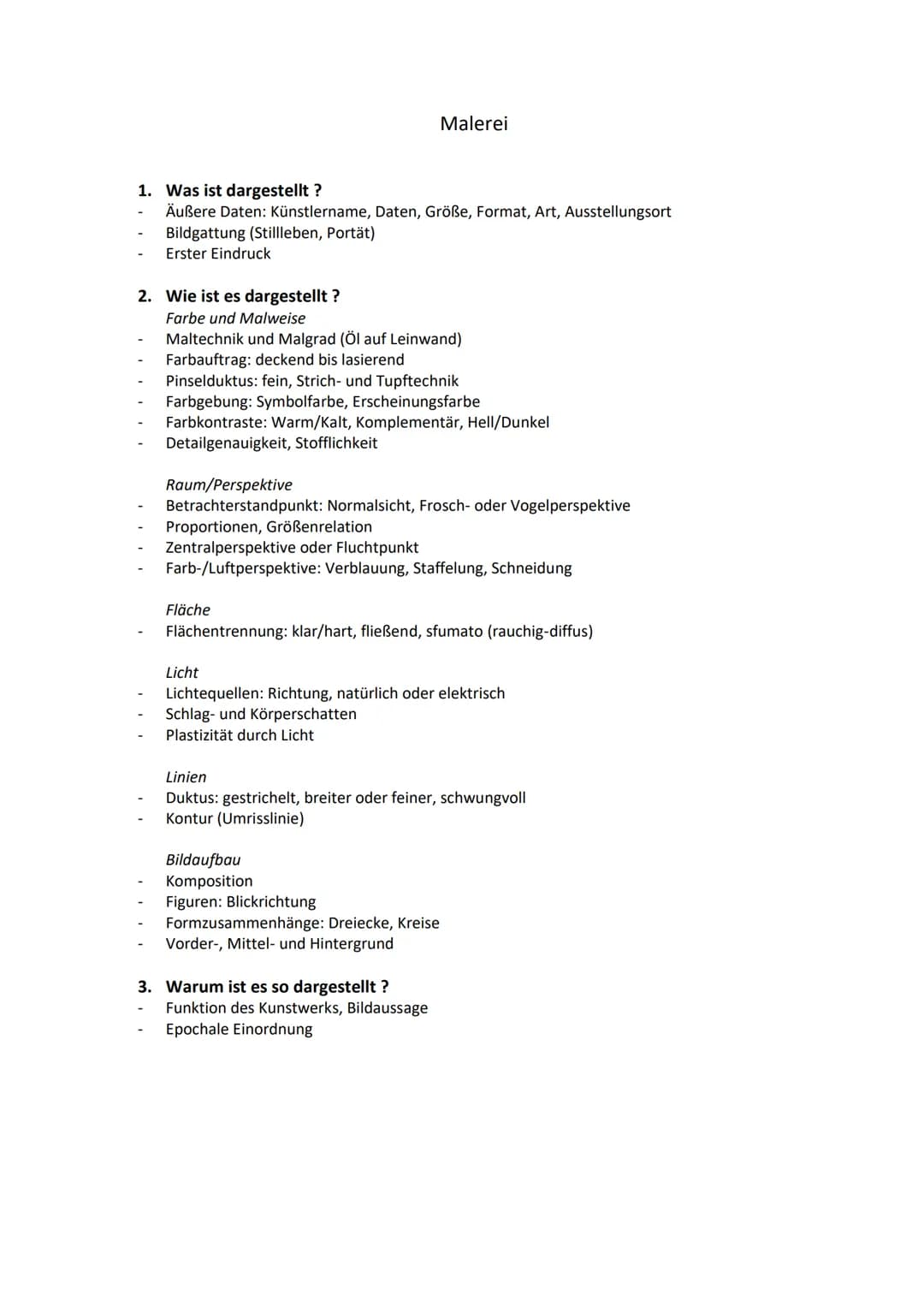 Malerei
1. Was ist dargestellt ?
- Äußere Daten: Künstlername, Daten, Größe, Format, Art, Ausstellungsort
- Bildgattung (Stillleben, Portät