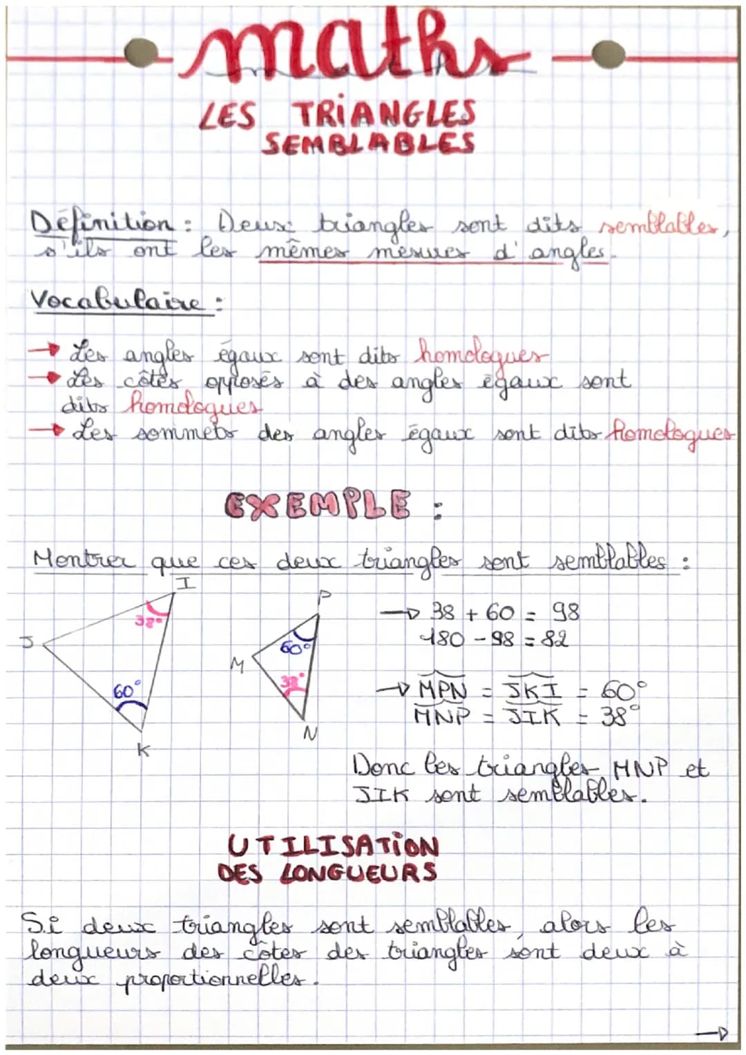 # maths・
LES TRIANGLES
SEMBLABLES
Définition: Deux triangles sont dits semblables,
s'ils ont les mêmes mesues d' angles-
Vocabulaire.
→