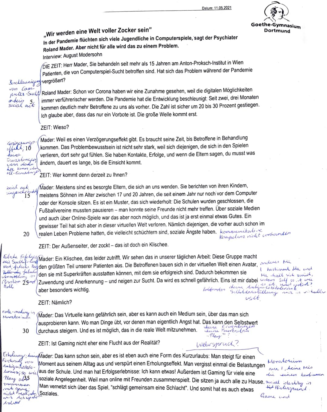 Datum: 11.05.2021
Goethe-Gymnasium
Dortmund
Name: Yan Listannies
Abgabe-Zeitpunkt: 12
4. Klausur Q1
Thema: „Bin ich oder werde ich gem