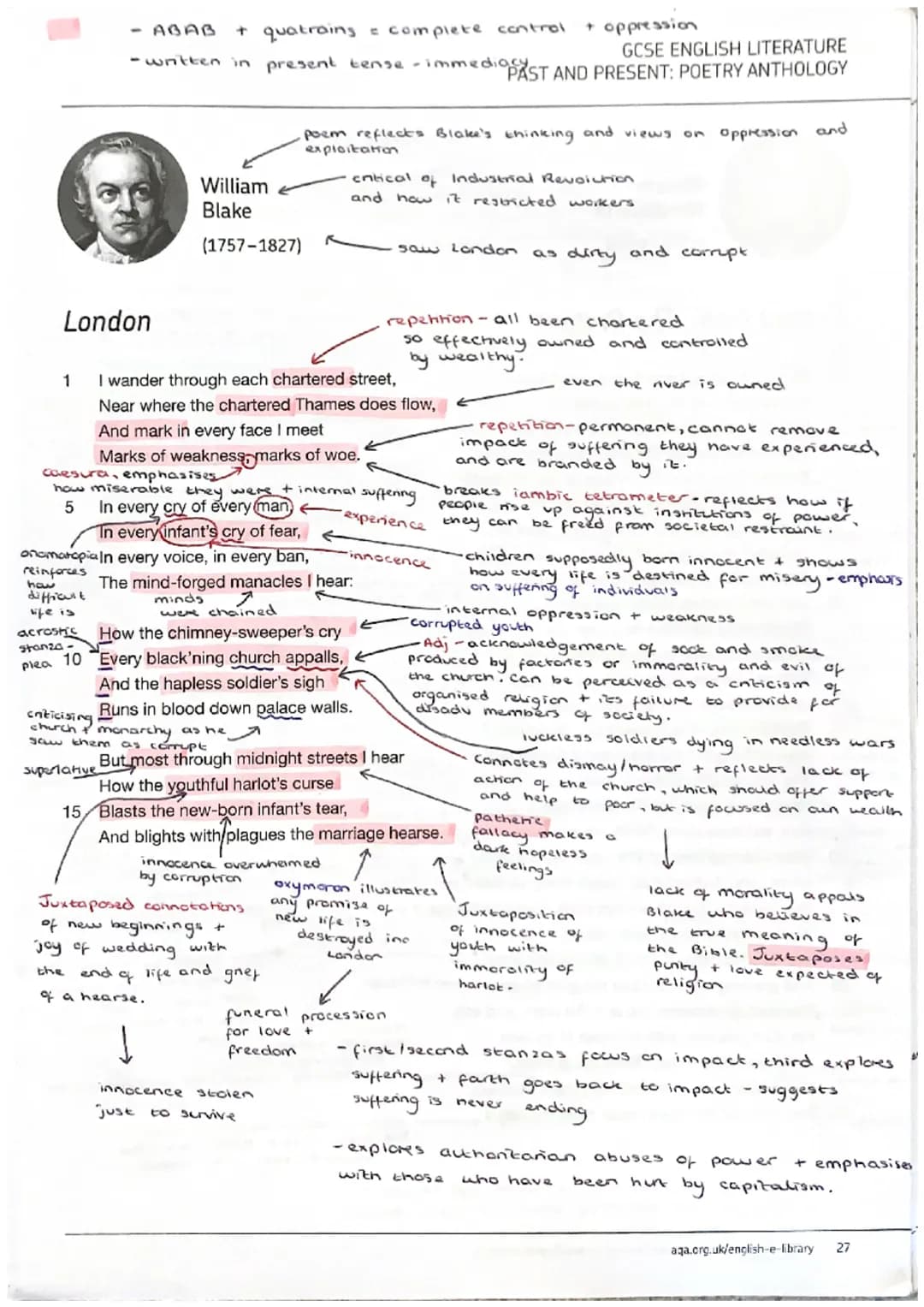 <p>In the poem "London" by William Blake, the ABAB + quatrains structure represents complete control and oppression. The poem was written i