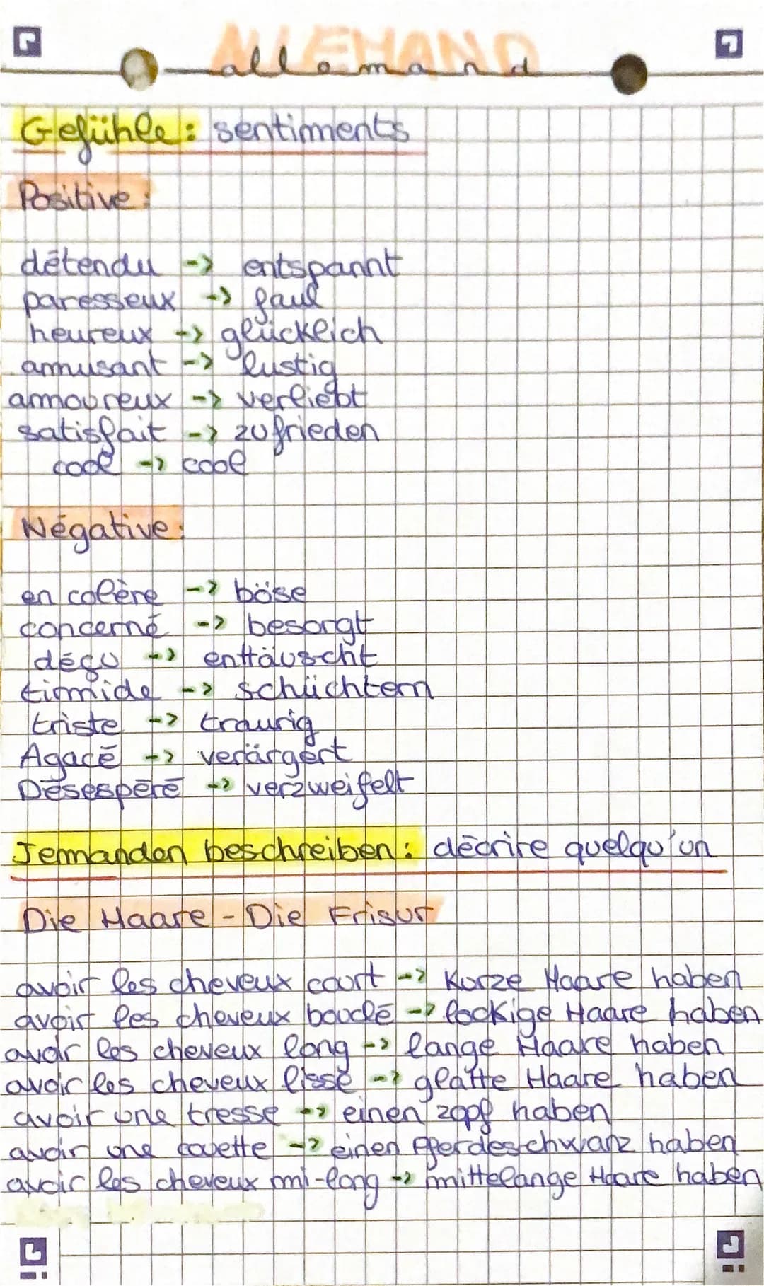 # allemand
## Gefühle: sentiments
### Positive:
détendu -> entspannt
paresseux - faul
heureux glücklich
amusant -> lustig
amoureux ->