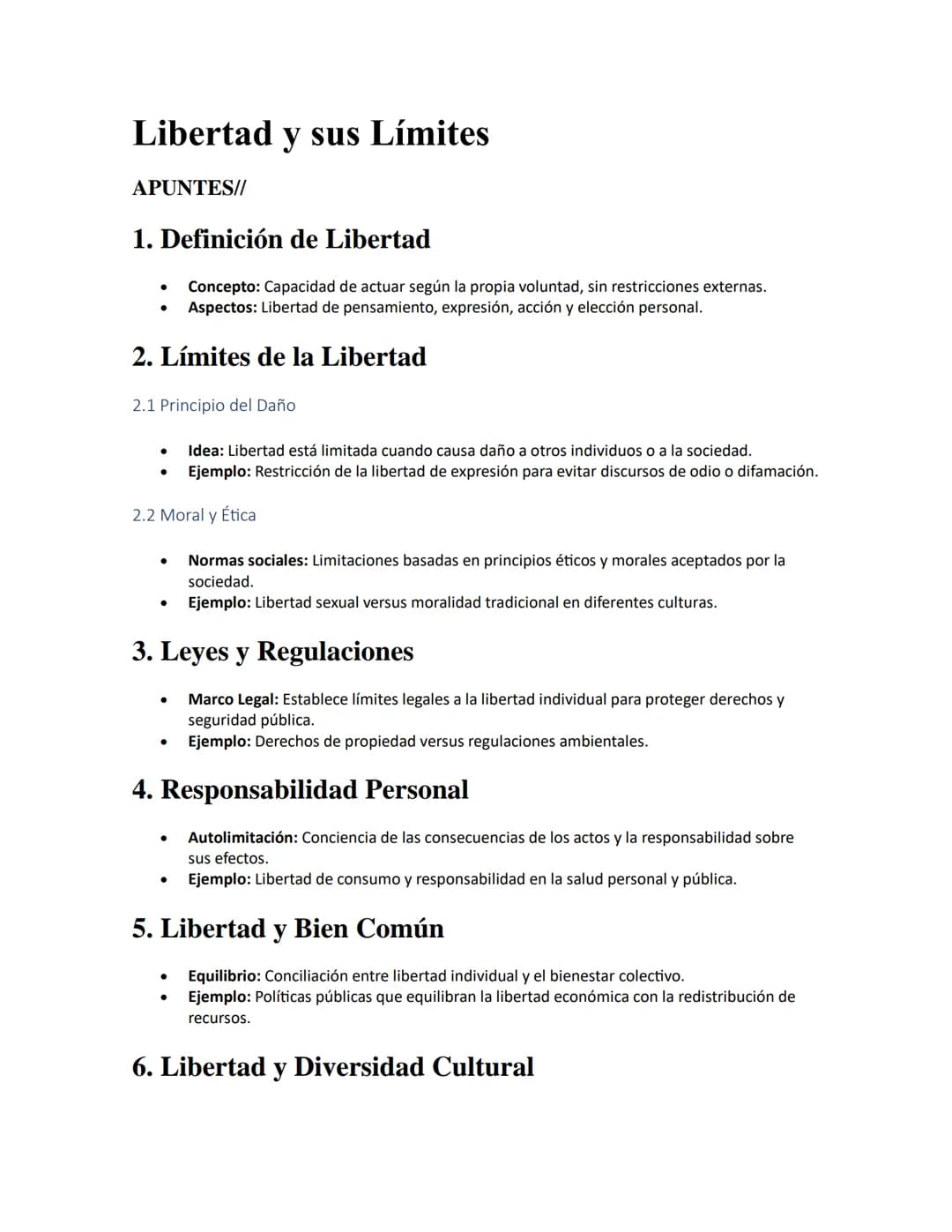 # Libertad y sus Límites
APUNTES//
1. Definición de Libertad
:
* Concepto: Capacidad de actuar según la propia voluntad, sin restricci