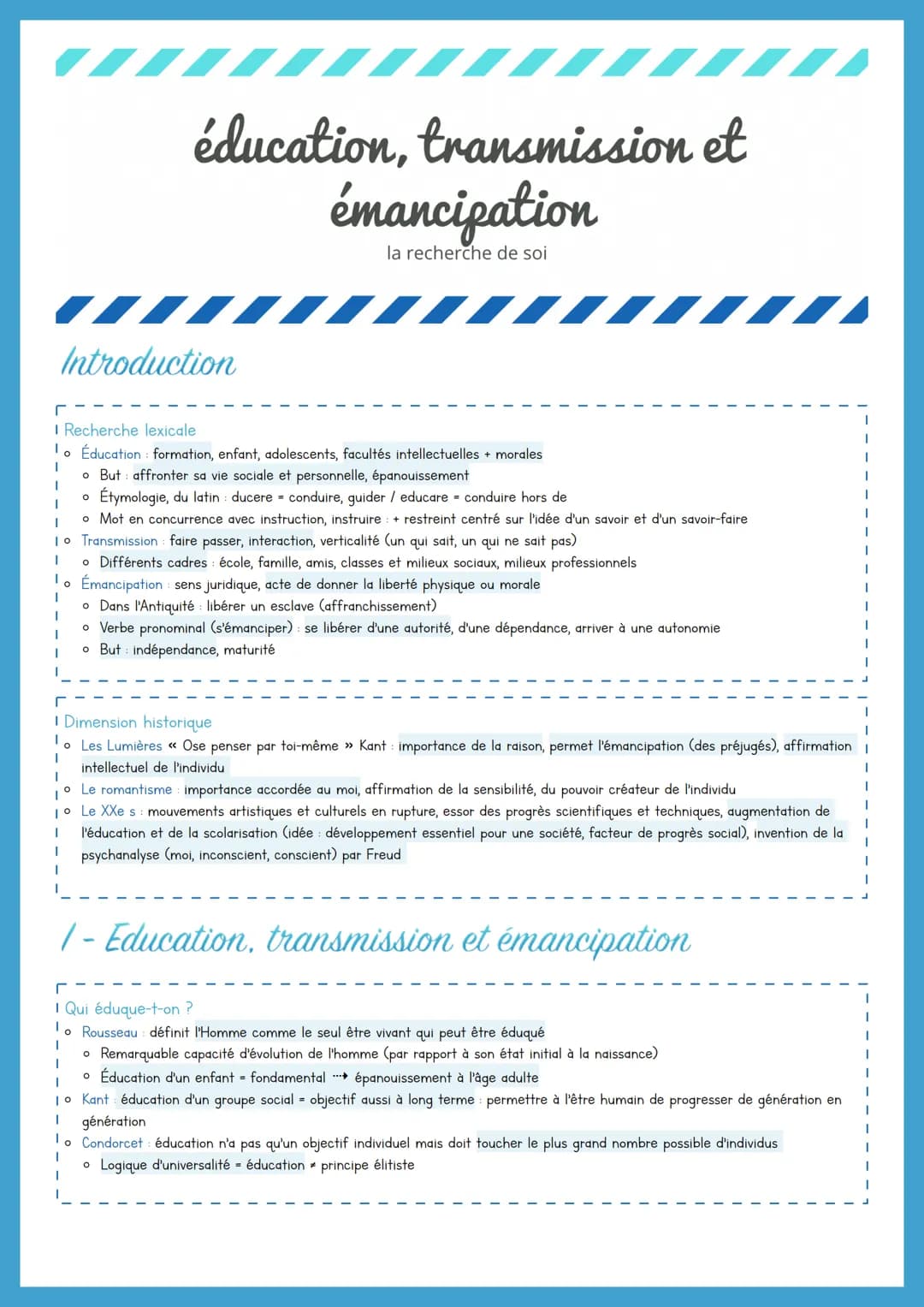 # éducation, transmission et
# émancipation
la recherche de soi
Introduction
I Recherche lexicale
* Éducation formation, enfant, adole