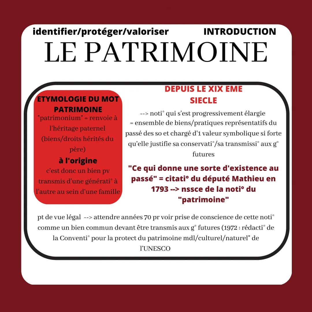 identifier/protéger/valoriser
INTRODUCTION
LE PATRIMOINE
ETYMOLOGIE DU MOT
PATRIMOINE
"patrimonium" = renvoie à
l'héritage paternel
(biens/