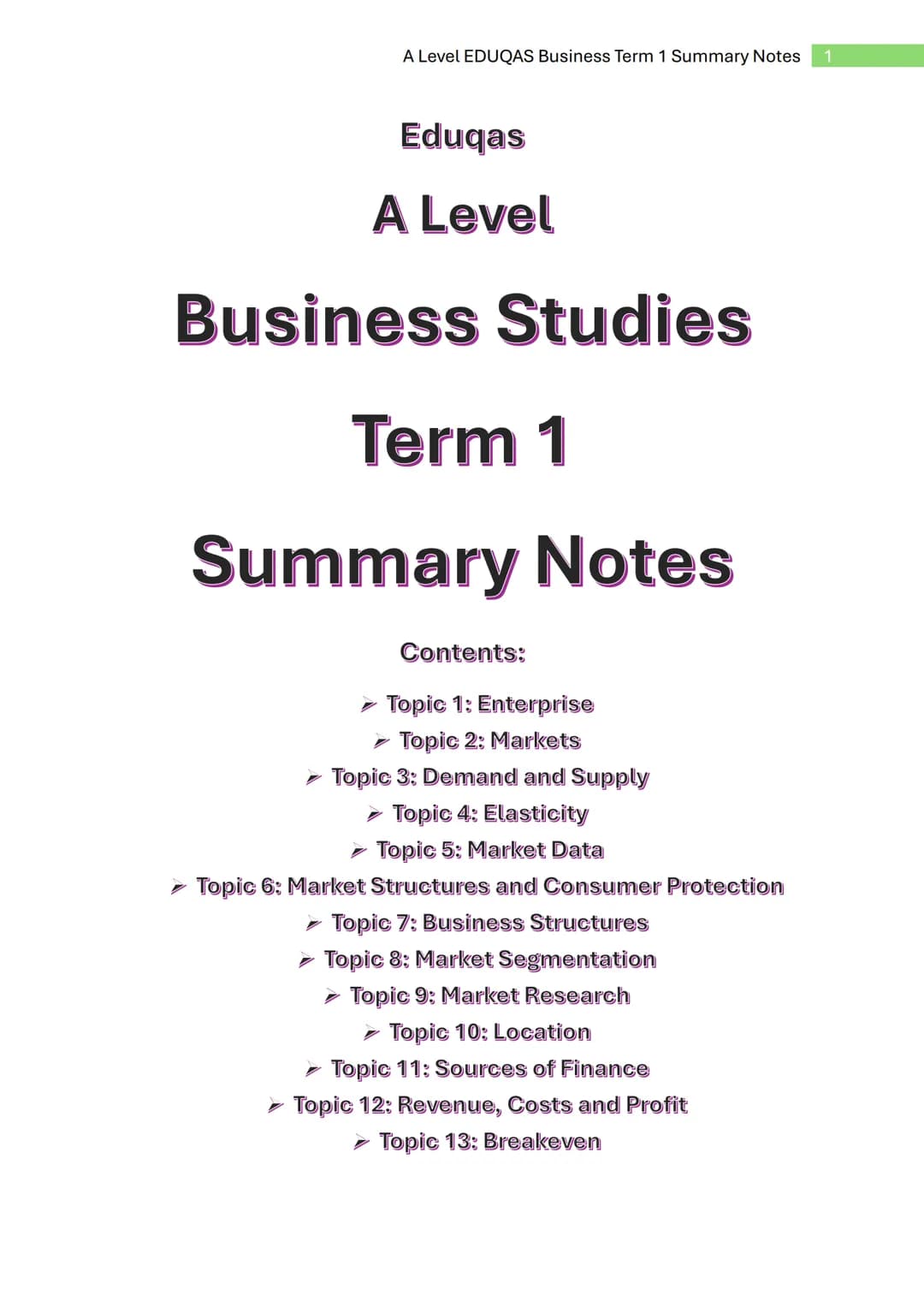A Level EDUQAS Business Term 1 Summary Notes 1
Eduqas
A Level
Business Studies
Term 1
Summary Notes
Contents:
- Topic 1: Enterprise
- Topic