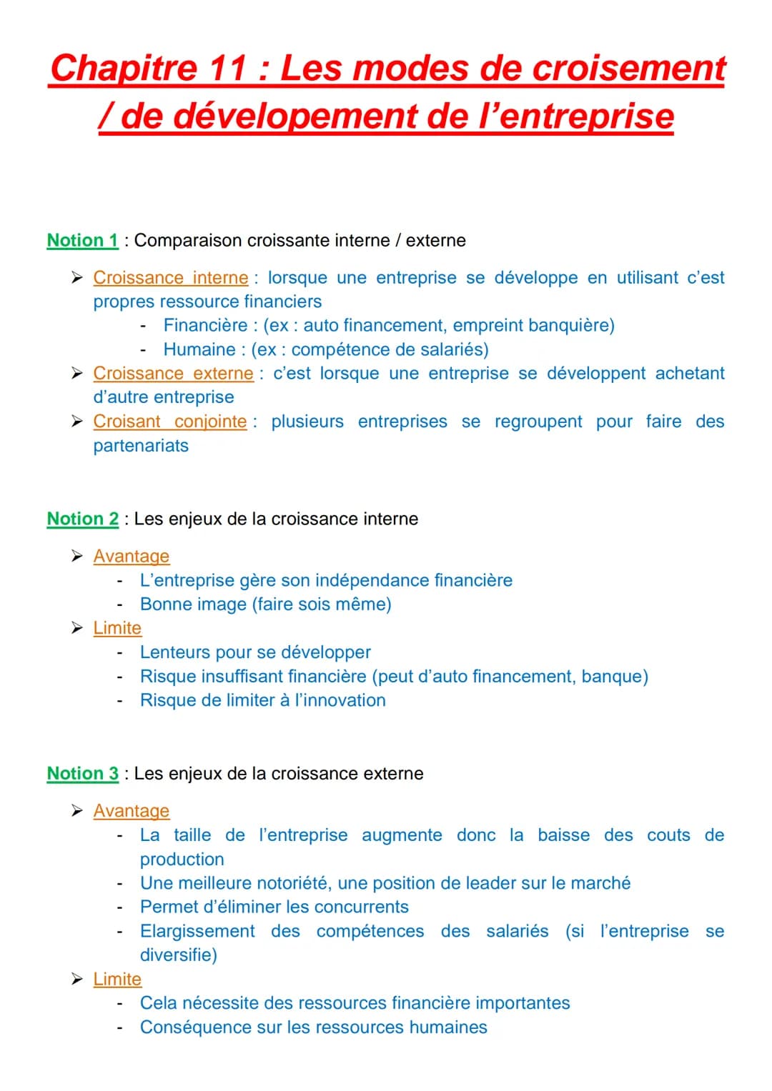 # Chapitre 11 : Les modes de croisement
/ de dévelopement de l'entreprise
Notion 1: Comparaison croissante interne / externe
➤ Croissance