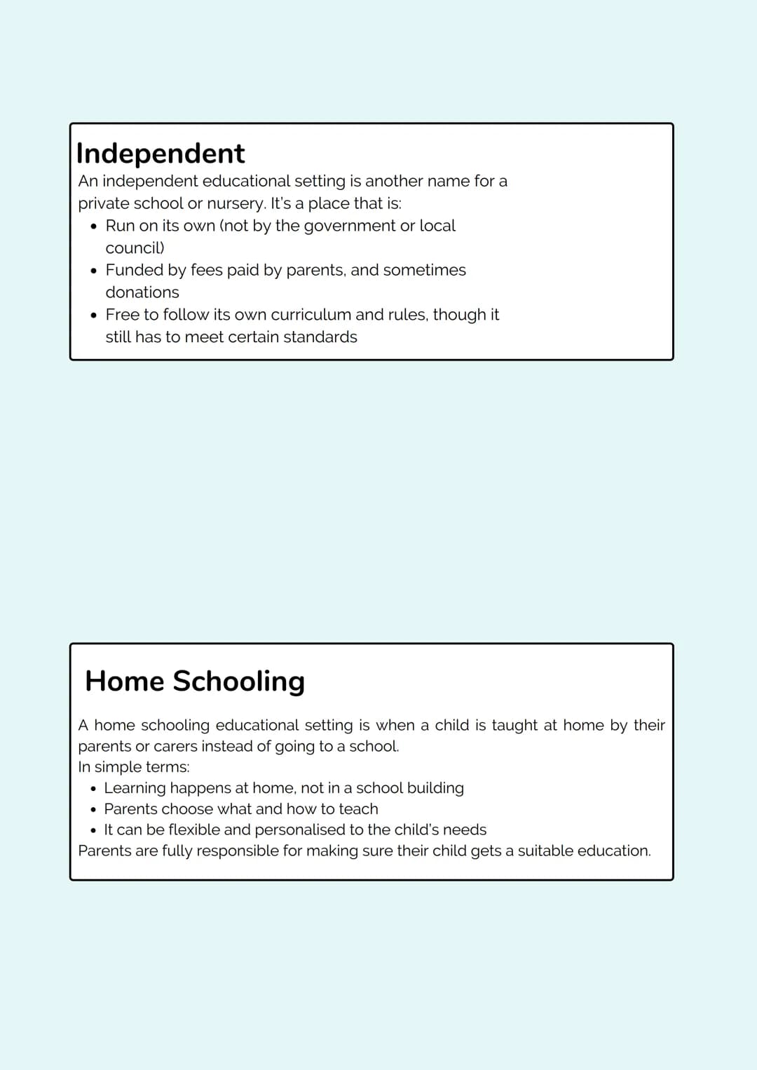 # Revision
# Notes
_Education & Early Years_ TYPES OF SETTINGS
Statutory/Maintained
A maintained educational setting is a school or nurser