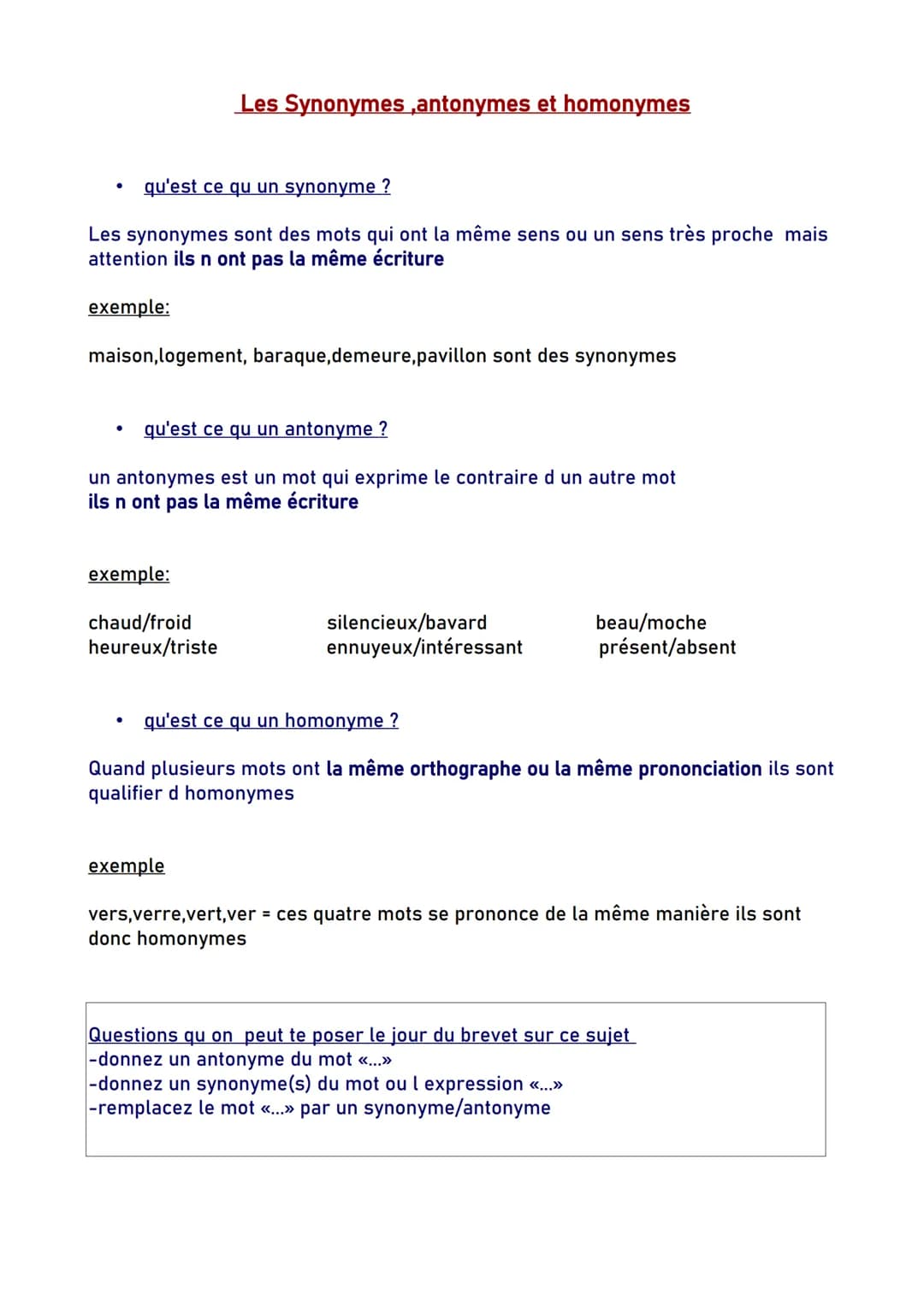 Les Synonymes ,antonymes et homonymes
- qu'est ce qu un synonyme ?
Les synonymes sont des mots qui ont la même sens ou un sens très proche