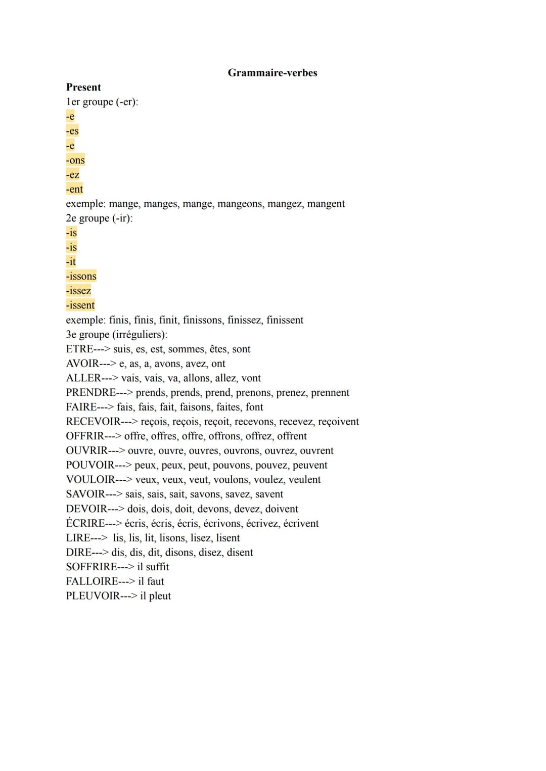 Present
ler groupe (-er):
-e
-es
-e
-ons
-ez
-ent
Grammaire-verbes
exemple: mange, manges, mange, mangeons, mangez, mangent
2e groupe (-i
