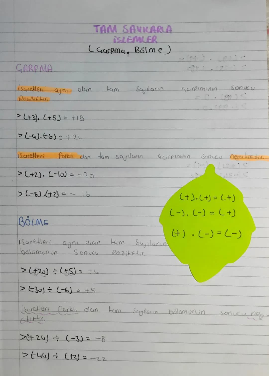# TAM SAVICARLA
ISLEMLER
(Garpma, Bölme)
GARPMA
işaretleri aynı olan tam Sayıların çarpımının sonucu
Pozitif fir.
> (+3). (+5)= +15
>(-).