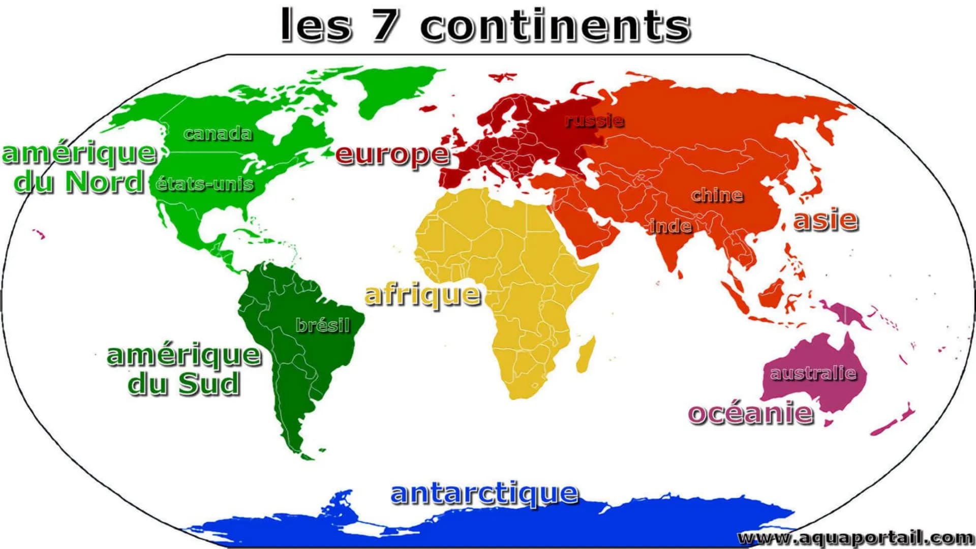 # les 7 continents
russie
canada
europe
amérique
du Nord états-unis
afrique
brésil
amérique
du Sud
antarctique
chine
inde
asie
aust