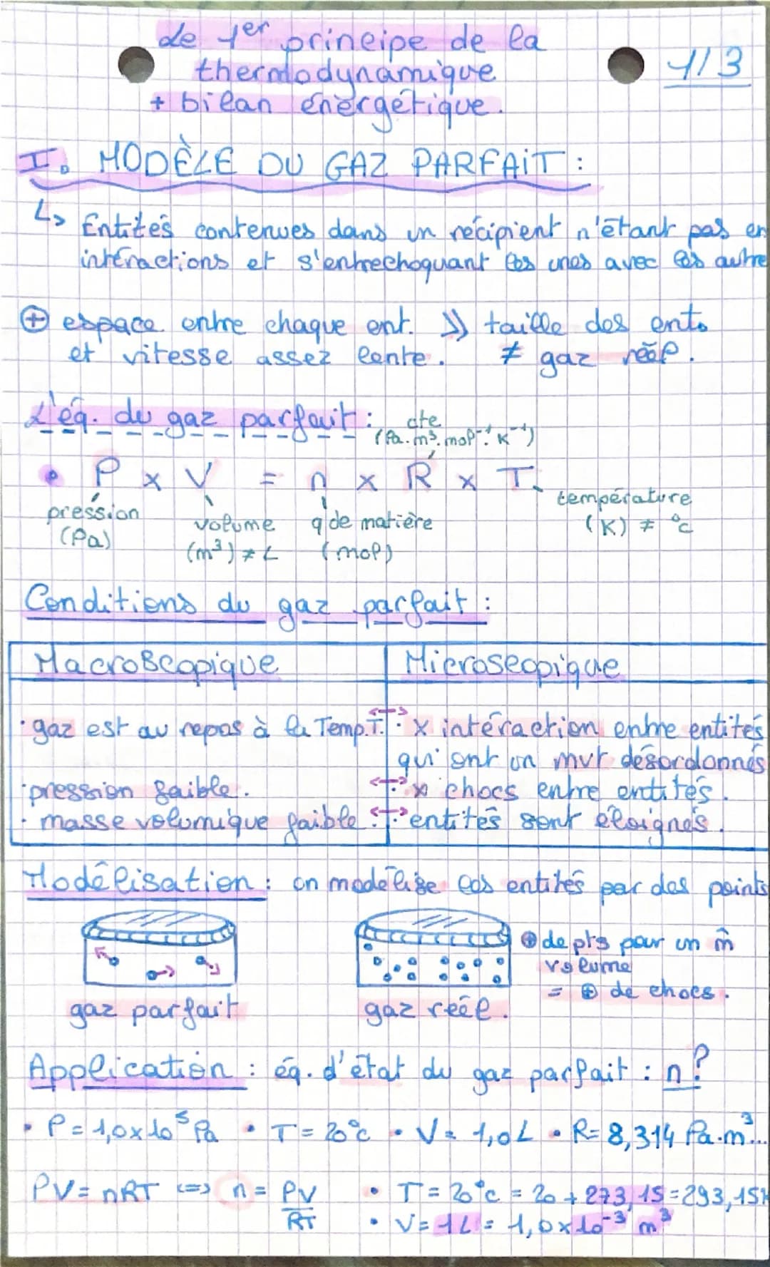 de yer principe de la
thermodynamique
+ bilan énergétique.
I. MODÈLE DU GAZ PARFAIT:
413
> Entites contenues dans un récipient n'étant pas