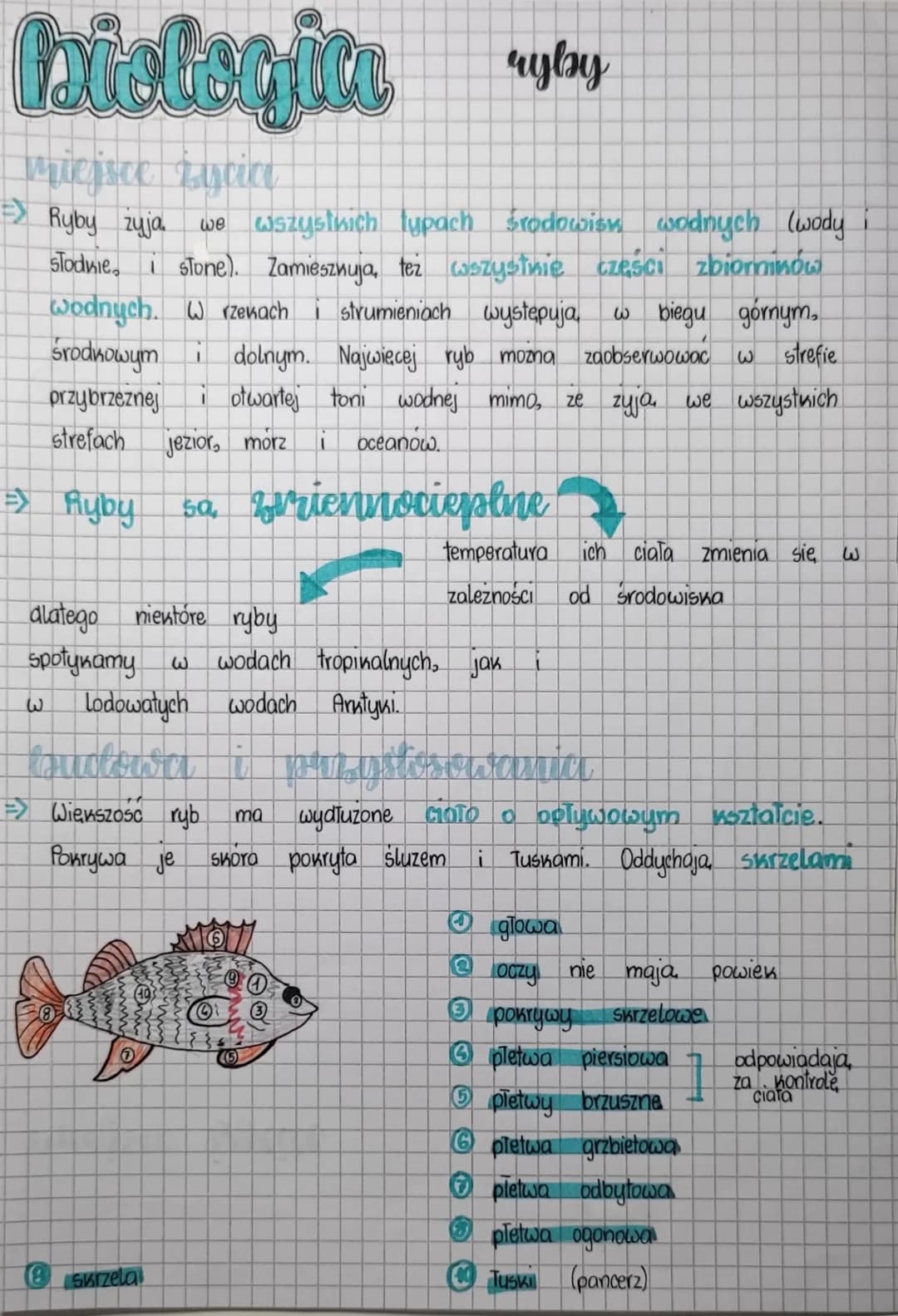 # Pietegica by
miejsce życia
=> Ryby żyja we wszystkich typach środowisk wodnych (wody i
słodkie, i stone). Zamiesznuja, też wszystnie czę