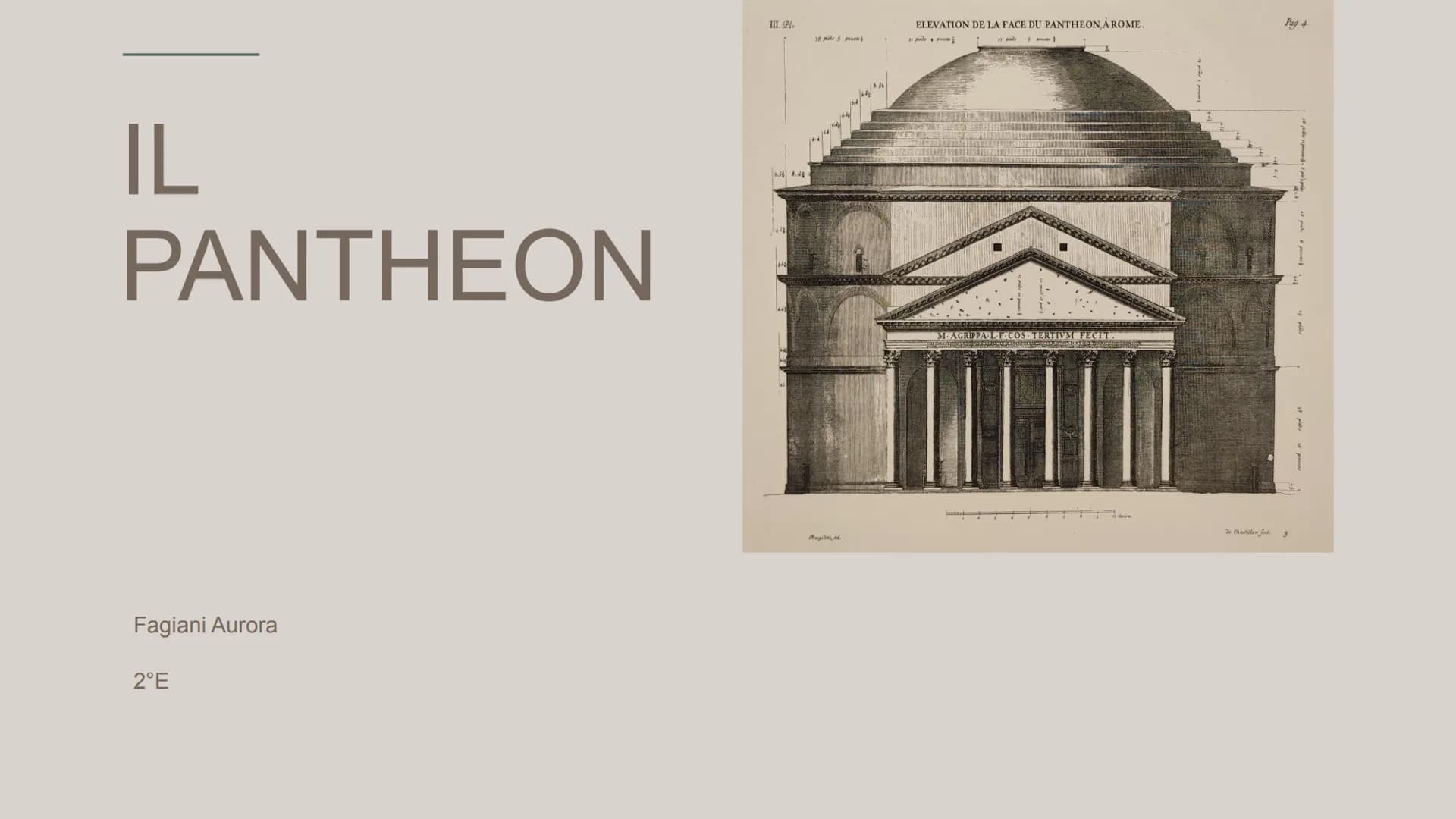 IL
PANTHEON
Fagiani Aurora
2°E
Ш.Ф.
ELEVATION DE LA FACE DU PANTHEON, A ROME.
Pag.4
35 pride 5 poucem
M. AGRIPPA L.F.COS TE
Je Chat