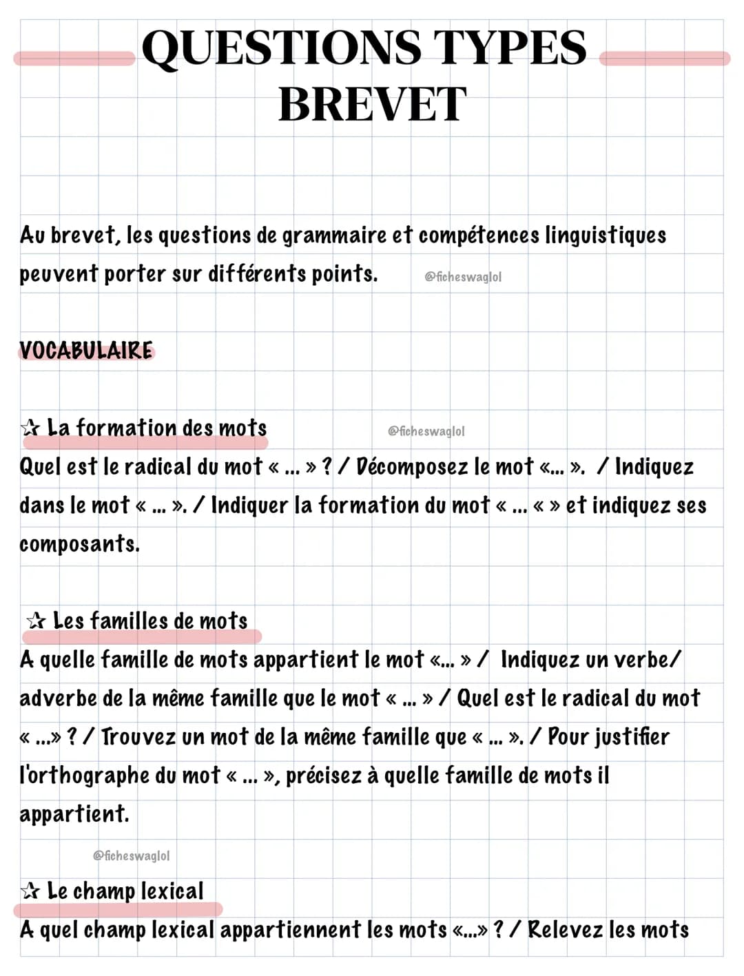 # QUESTIONS TYPES
BREVET
Au brevet, les questions de grammaire et compétences linguistiques
peuvent porter sur différents points. @ficheswa