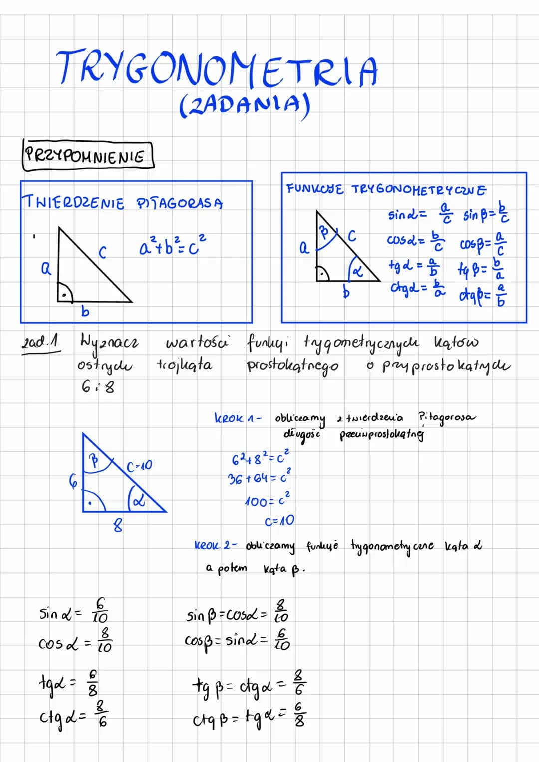 # TRYGONOMETR
(ZADANIA)
PRZYPOMNIENIE
THIERDZENIE PITAGORASA
C
a
a²+b²=c²
b
FUNKCJE TRYGONOMETRYCZNE
sin$\alpha$= $\frac{a}{c}$ sin$\b
