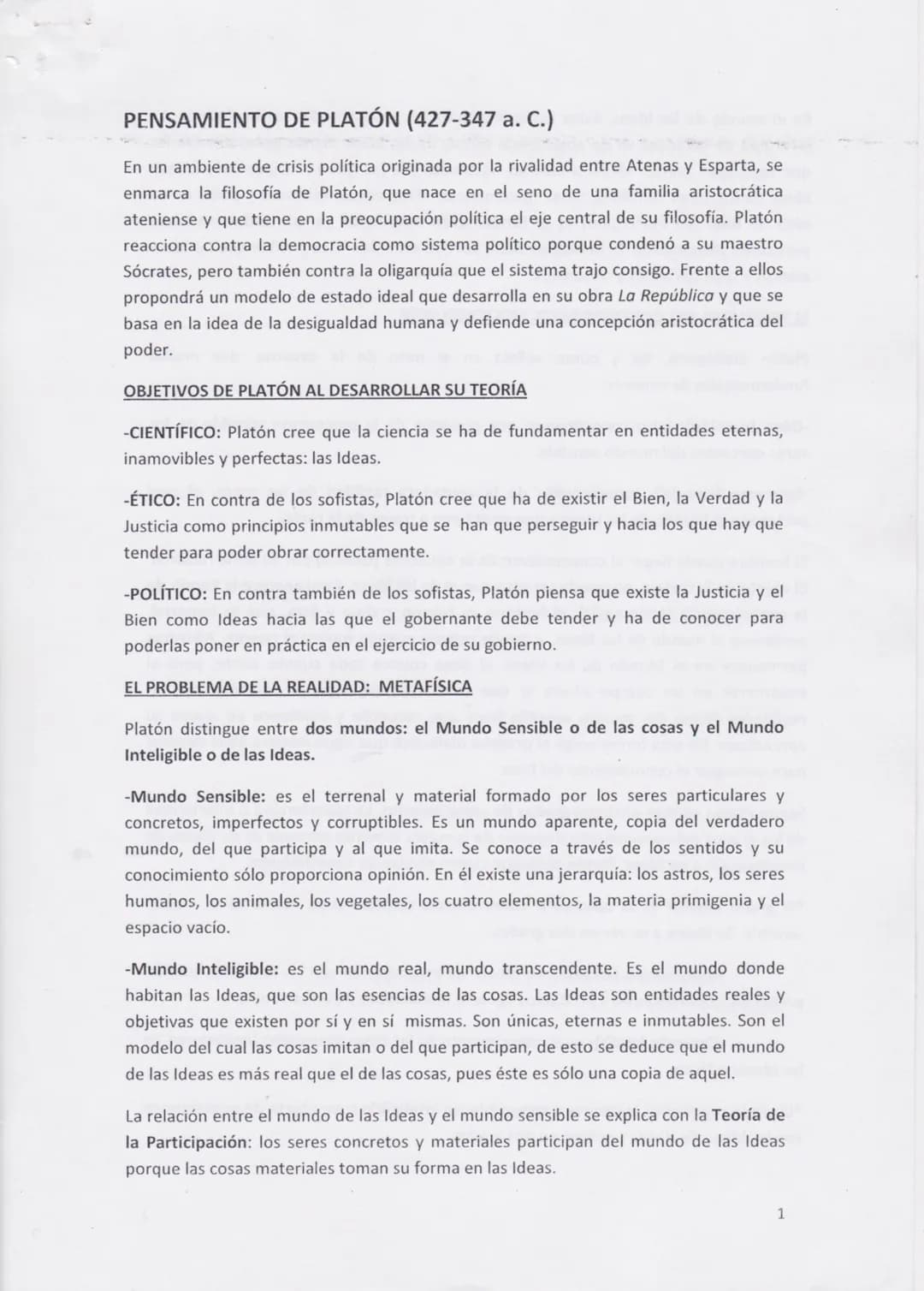 PENSAMIENTO DE PLATÓN (427-347 a. C.)
En un ambiente de crisis política originada por la rivalidad entre Atenas y Esparta, se
enmarca la fil