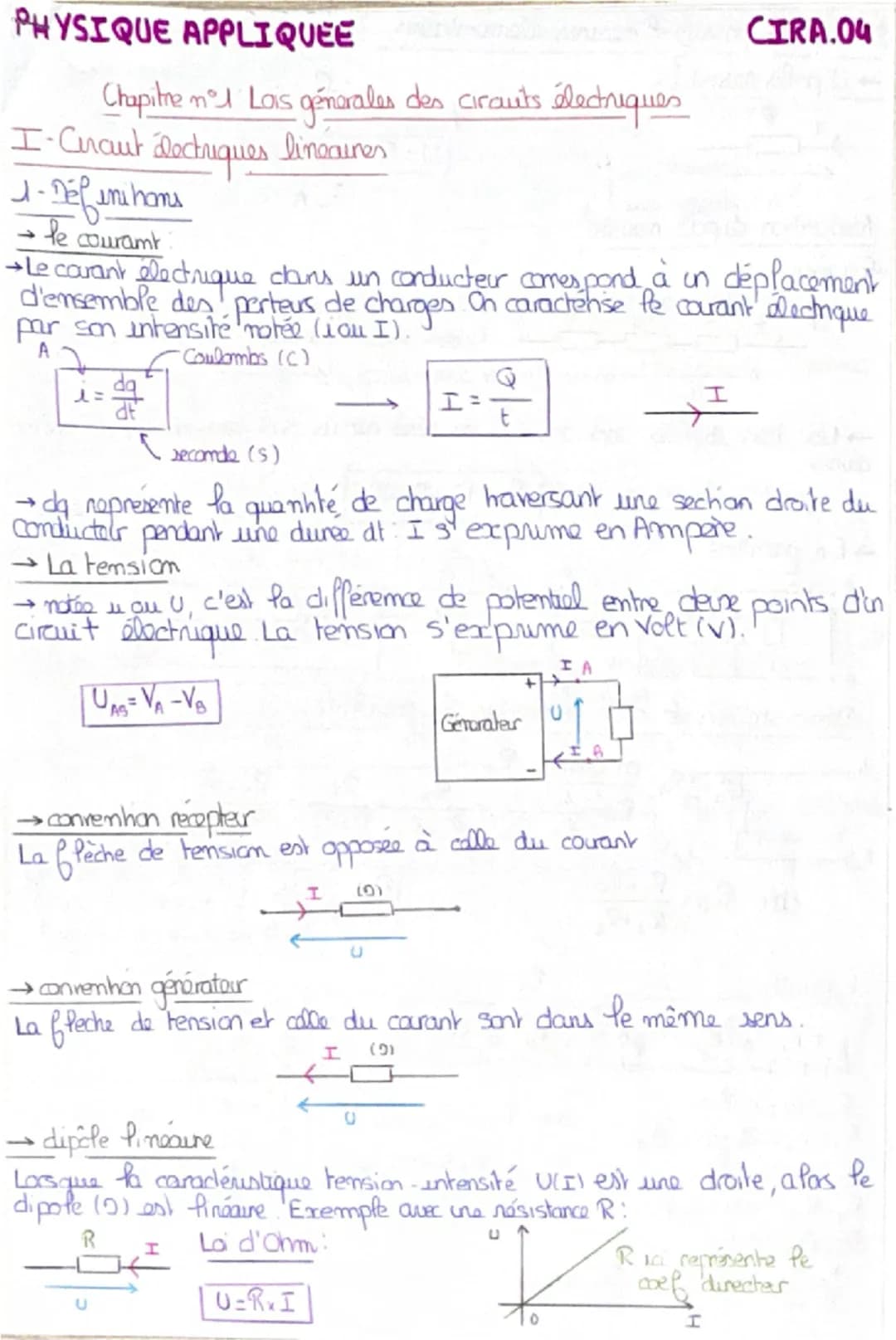 # PHYSIQUE APPLIQUEE
Chapitne n°1 Lois génerales des cirants électriques
I-Ceraut lectriques lineaures
1-Défini hans
→ le couram
CIRA.0