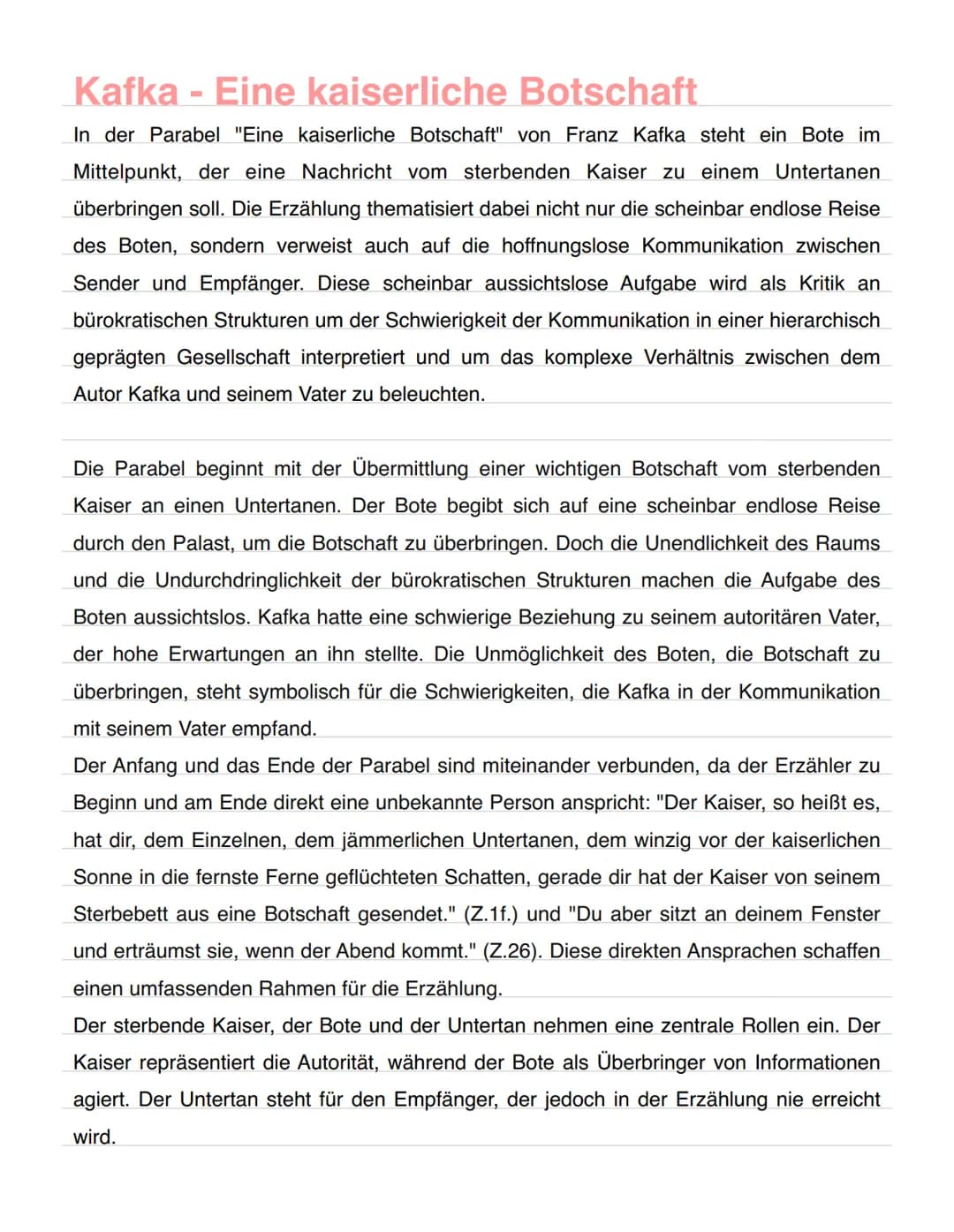 # Kafka - Eine kaiserliche Botschaft
In der Parabel "Eine kaiserliche Botschaft" von Franz Kafka steht ein Bote im
Mittelpunkt, der eine Na
