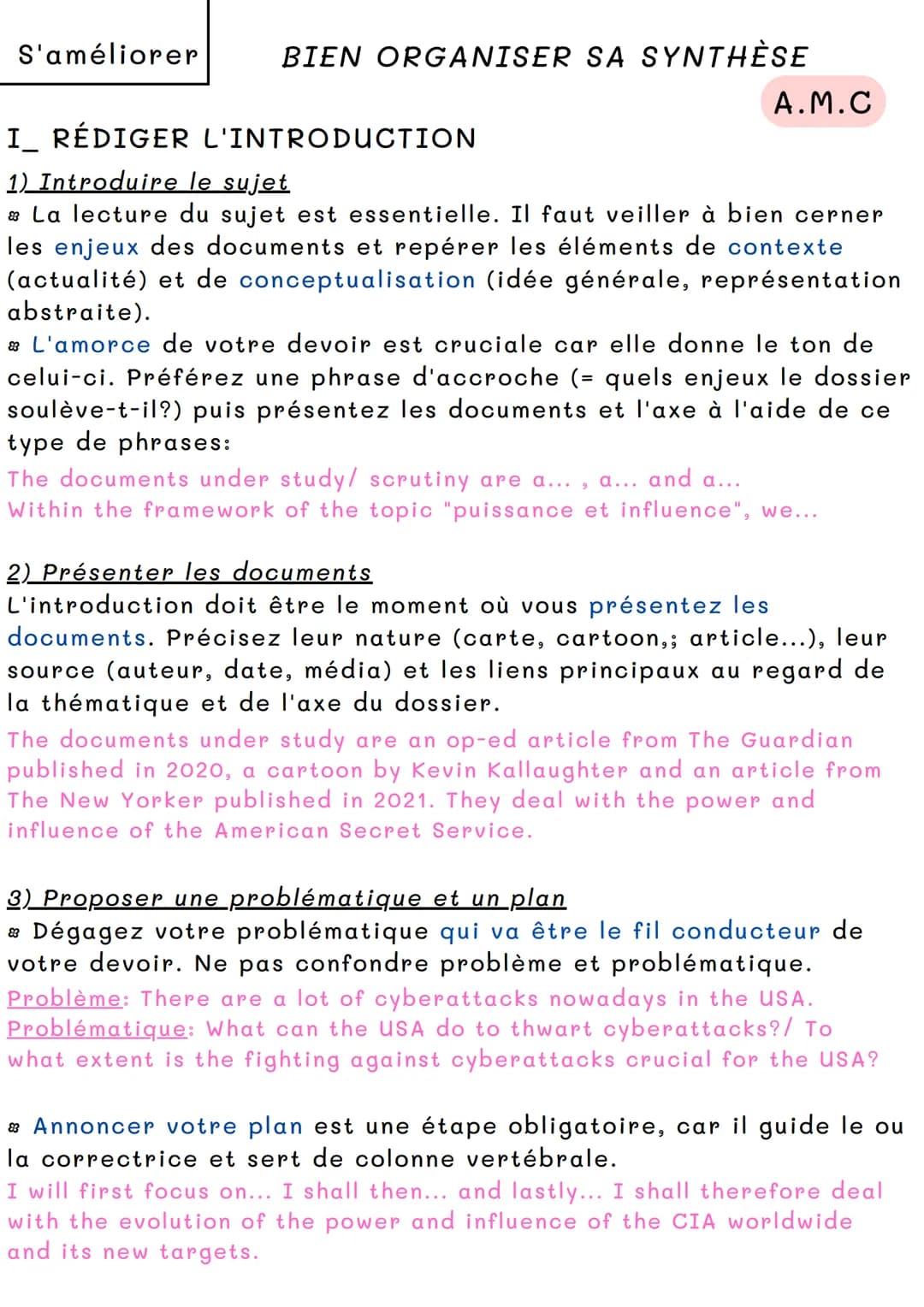 # S'améliorer
BIEN ORGANISER SA SYNTHÈSE
A.M.C
I RÉDIGER L'INTRODUCTION
1) Introduire le sujet
La lecture du sujet est essentielle. Il