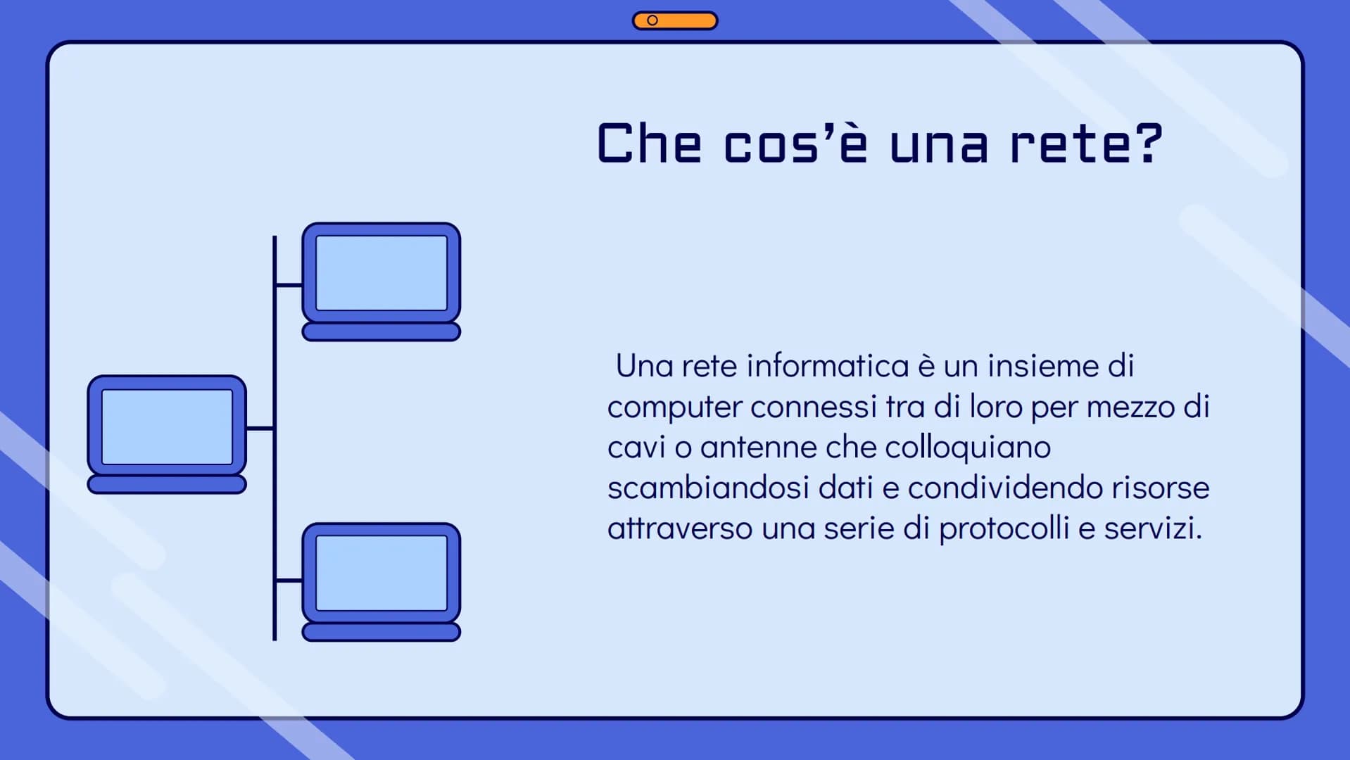 # Le reti
informatiche Che cos'è una rete?
Una rete informatica è un insieme di
computer connessi tra di loro per mezzo di
cavi o antenne c