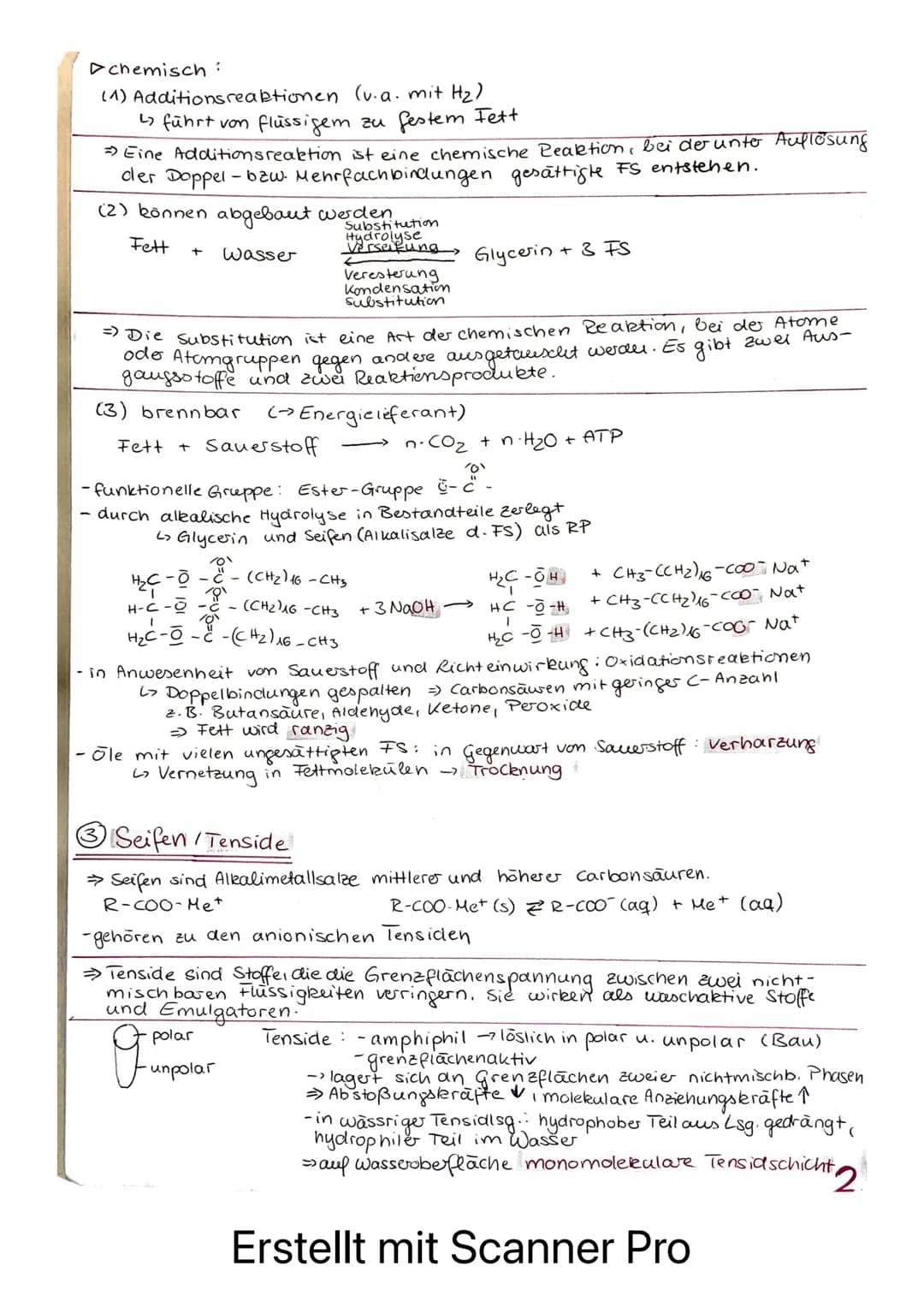 # Organische Chemie
Lernzettel Test. Fette
1 Allgemeines
- Makromolekül
Glycerin + 3 Fettsäuren Triglycerid
+ Wasser
A-C-O-H + CH3-(CH2)$_
