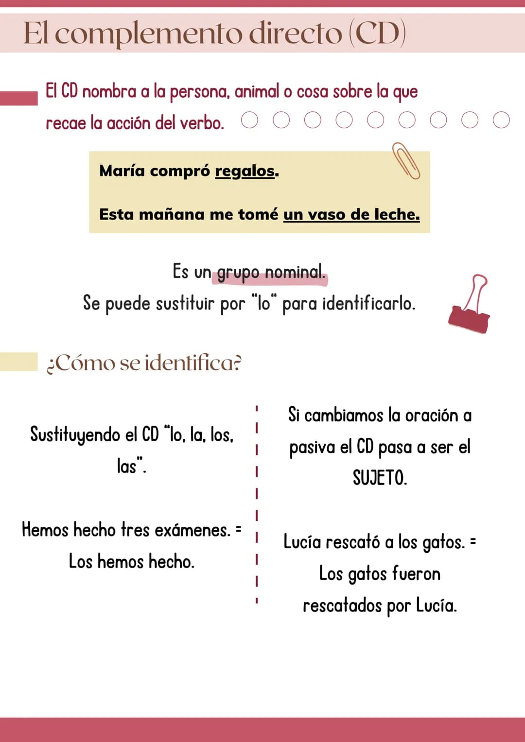 # El complemento directo (CD)
El CD nombra a la persona, animal o cosa sobre la que
recae la acción del verbo.
María compró regalos.
Esta
