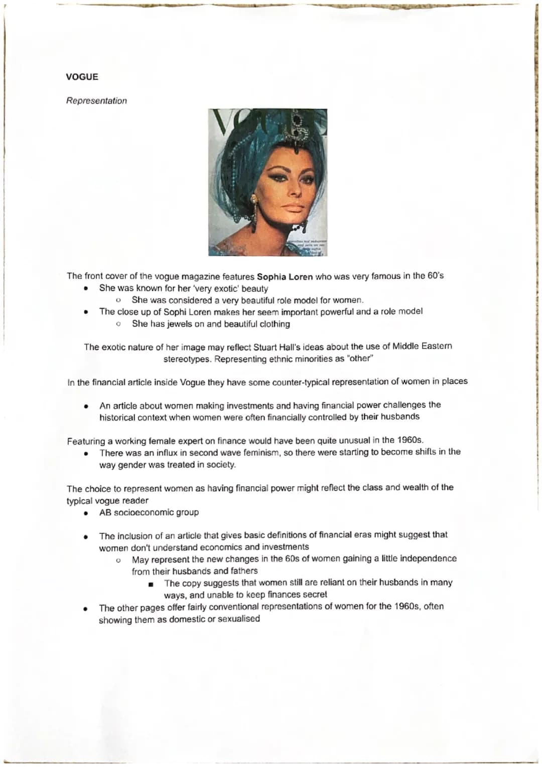 VOGUE
Representation
The front cover of the vogue magazine features Sophia Loren who was very famous in the 60's
* She was known for her