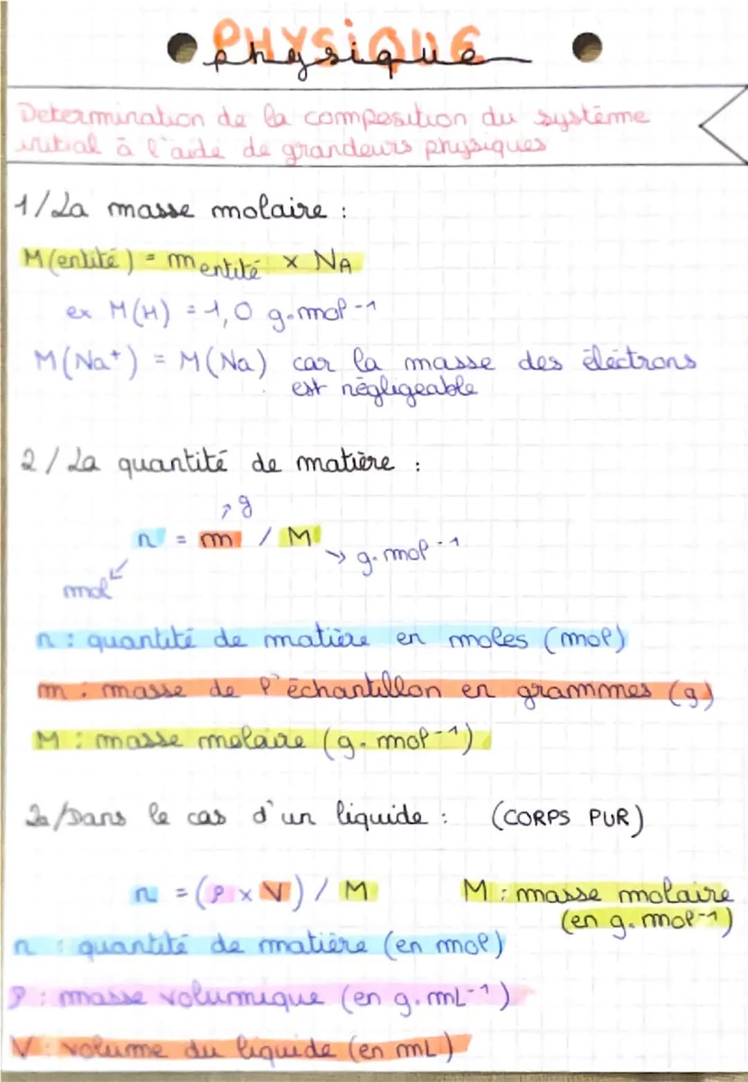 # Physique
Determination de la composition du système
initial à l'aide de grandeurs physiques
1/La masse molaire :
M(entité) mentité X NA