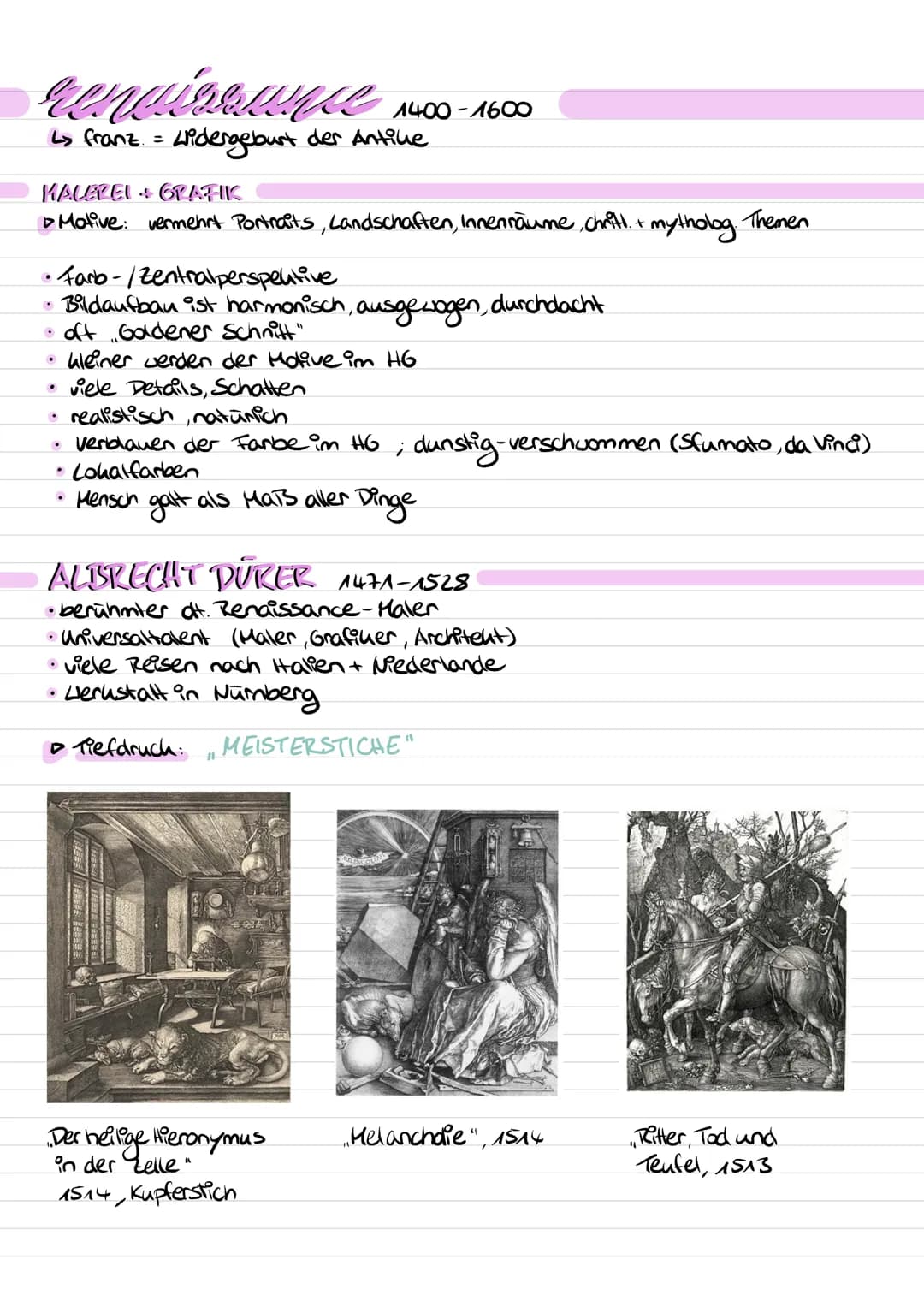 # чепайялише 1400-1600
↳ franz = Widergeburt der Antike
## KALEREI GRAFIK
* Motive: vermehrt Portraits, Landschaften, Innenräume, chrit